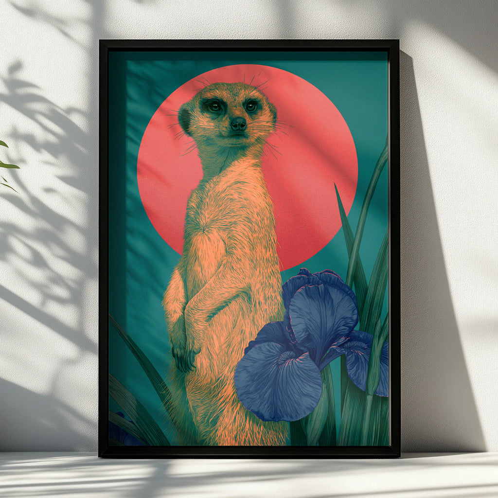 Meerkat Red Sun Poster, Bold Teal Wildlife Wall Art, Floral Iris Print