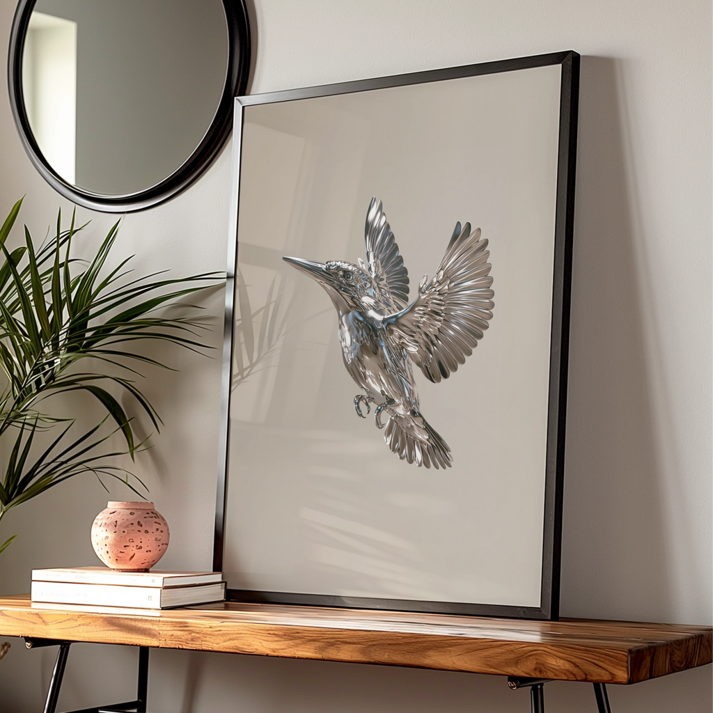 Chrome Kingfisher Bird Poster, Metallic Silver Flying Bird, Modern Wall Art