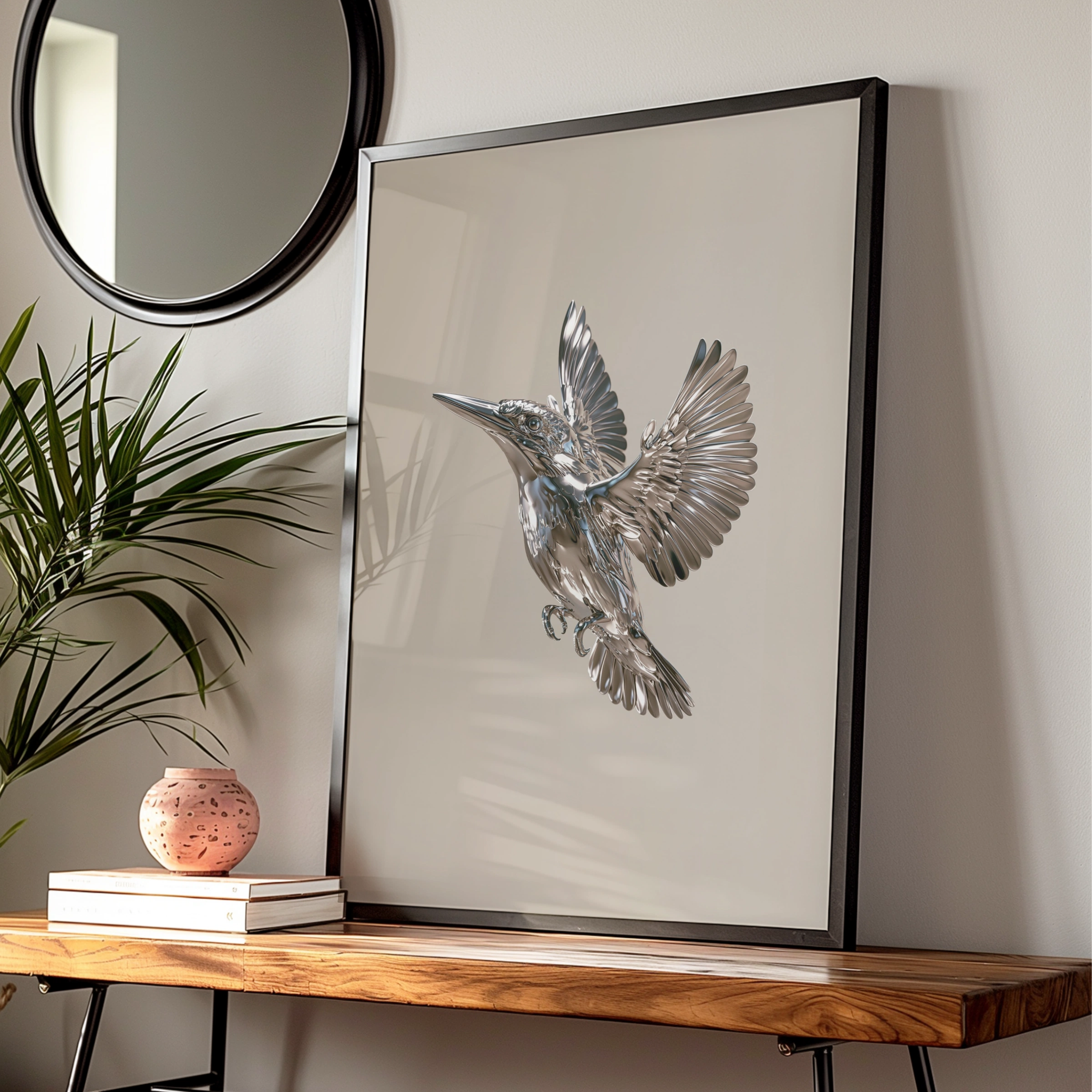 Chrome Kingfisher Bird Poster, Metallic Silver Flying Bird, Modern Wall Art