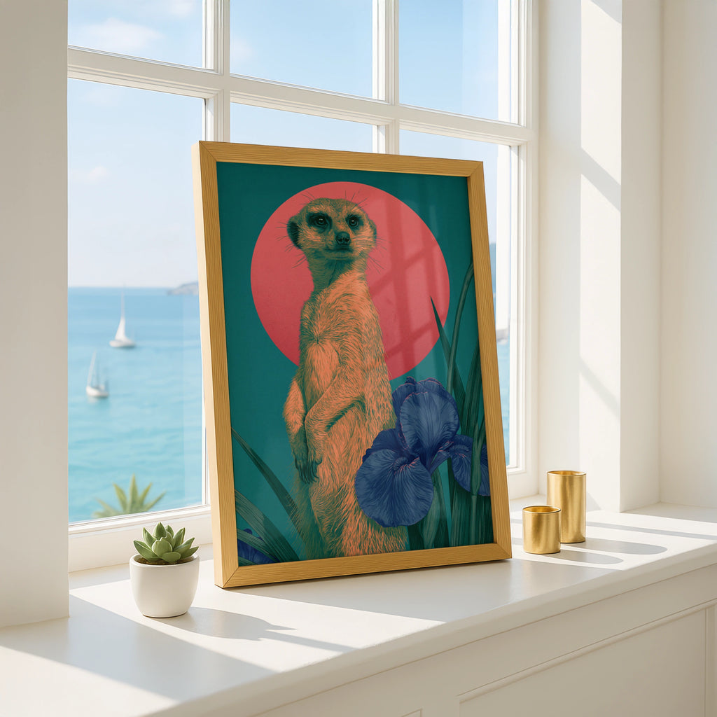 Meerkat Red Sun Poster, Bold Teal Wildlife Wall Art, Floral Iris Print