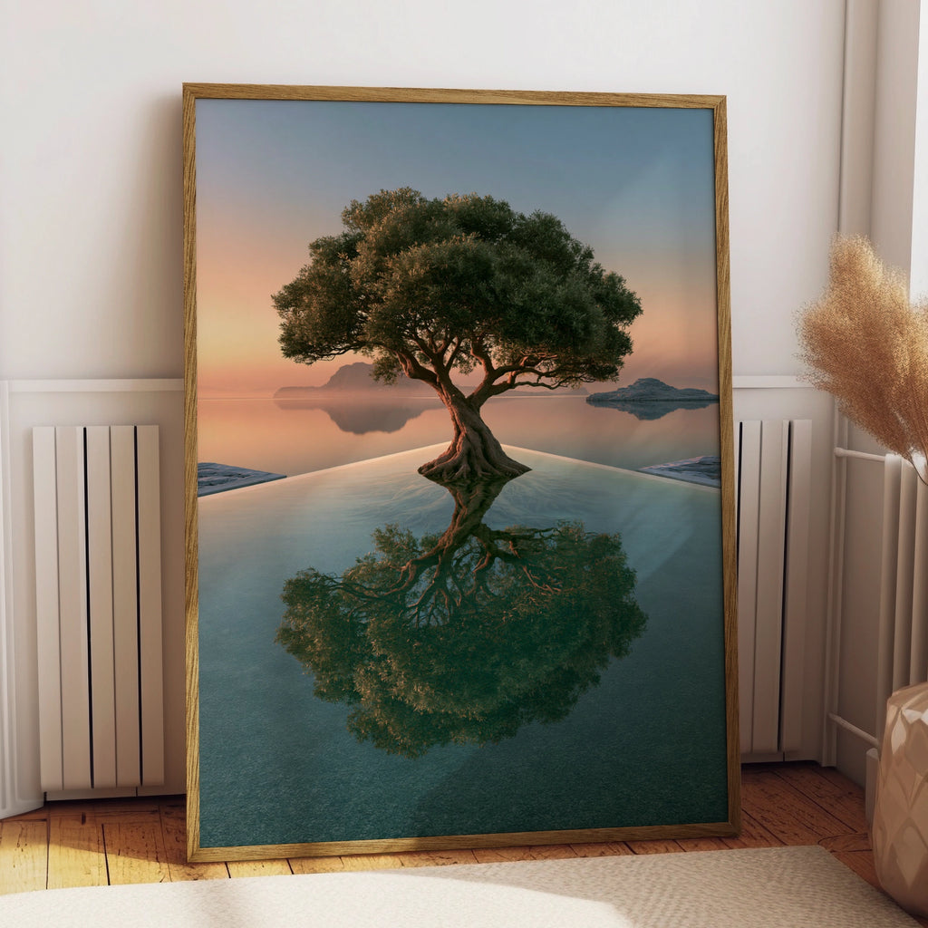 Olive Tree Reflection Pool Poster, Sunset Seascape, Minimalist Nature Print