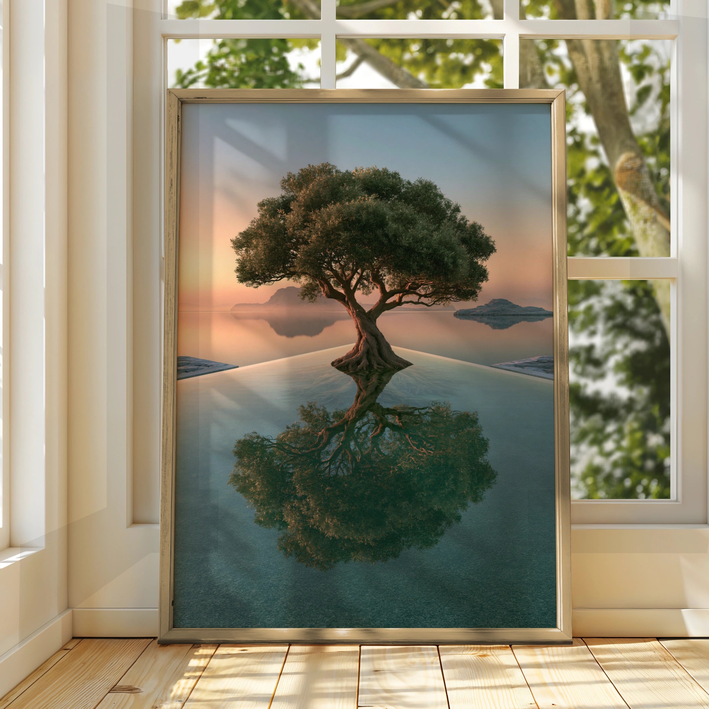 Olive Tree Reflection Pool Poster, Sunset Seascape, Minimalist Nature Print
