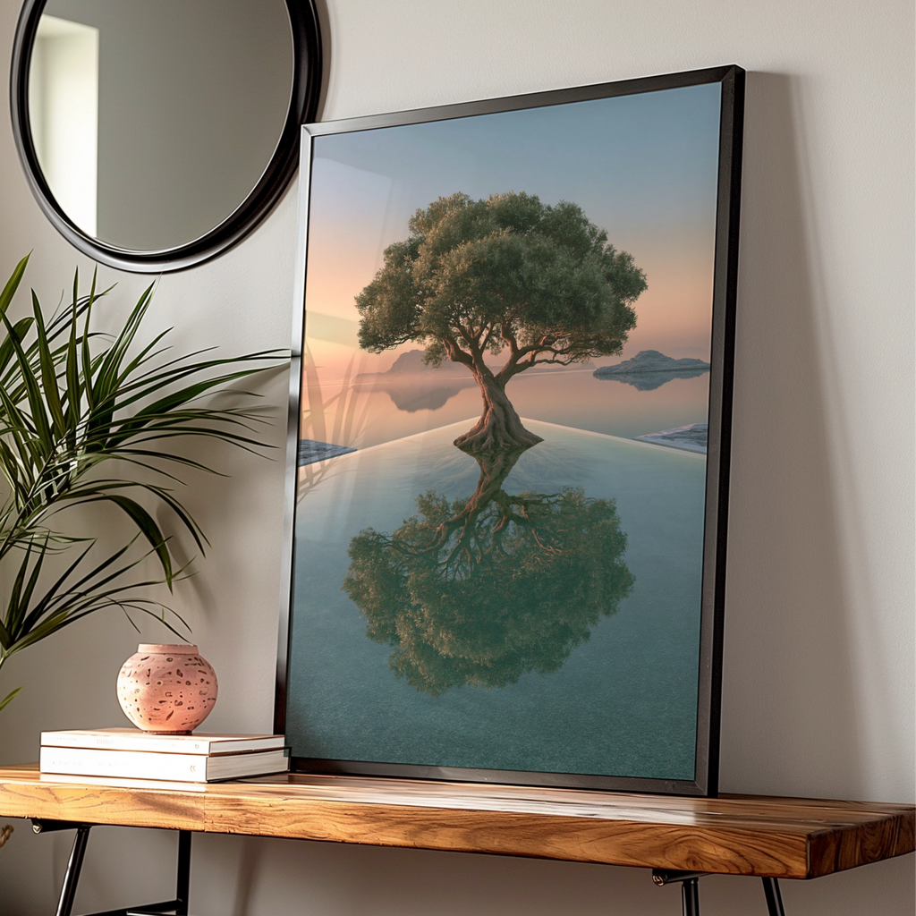 Olive Tree Reflection Pool Poster, Sunset Seascape, Minimalist Nature Print