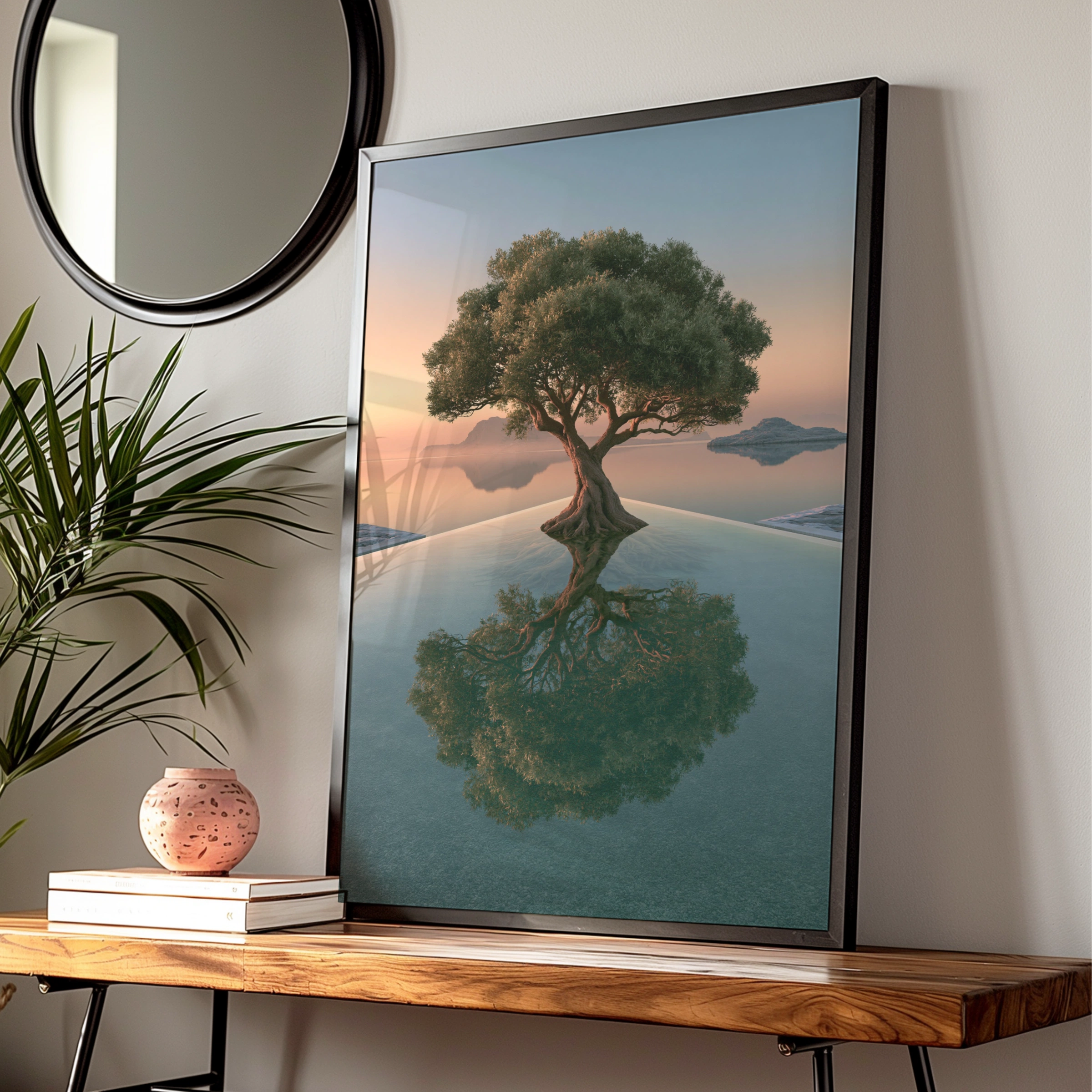 Olive Tree Reflection Pool Poster, Sunset Seascape, Minimalist Nature Print