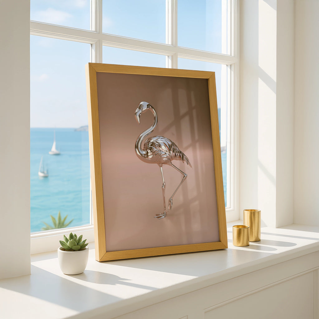 Chrome Flamingo Poster, Metallic Rose Gold Bird Print, Modern Art