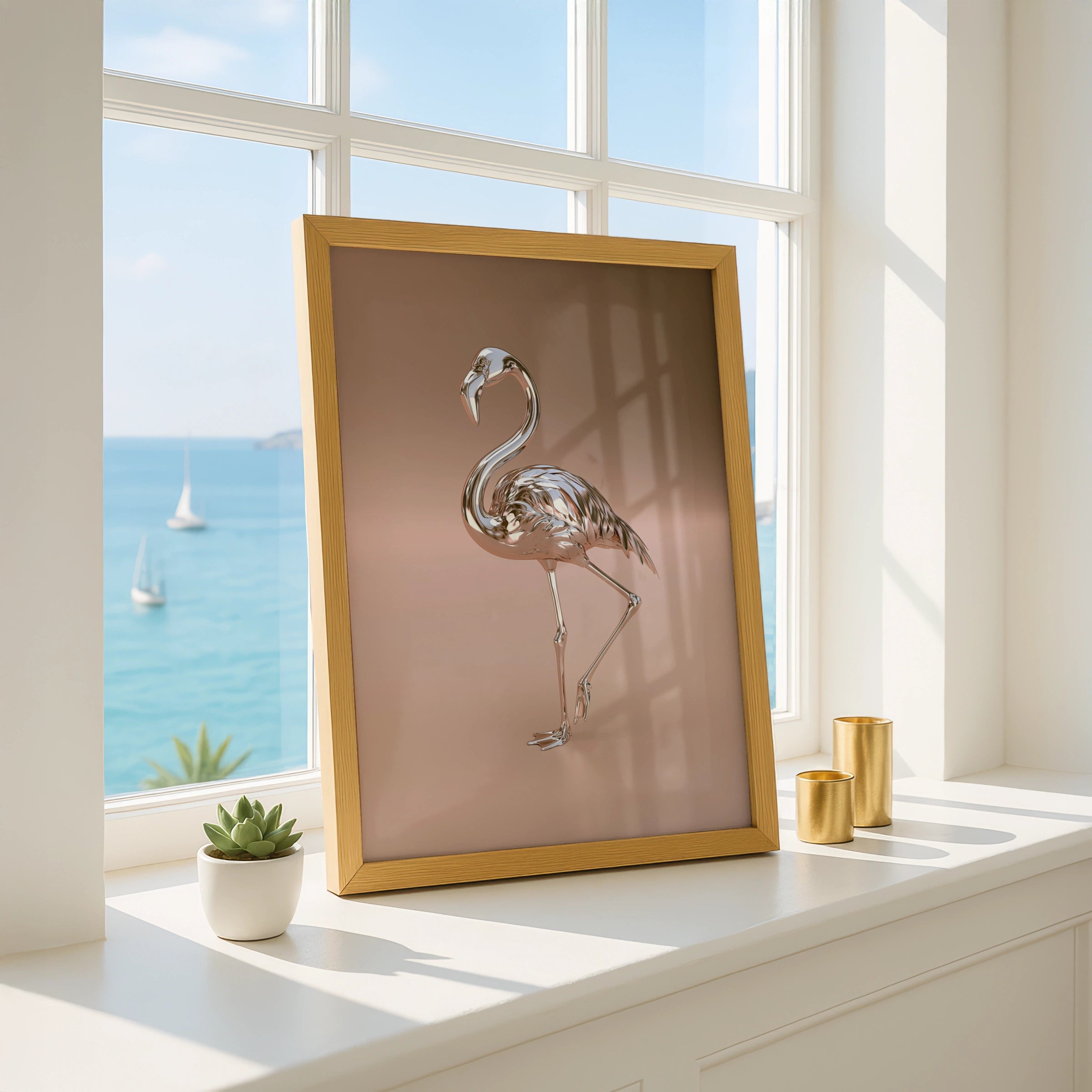 Chrome Flamingo Poster, Metallic Rose Gold Bird Print, Modern Art