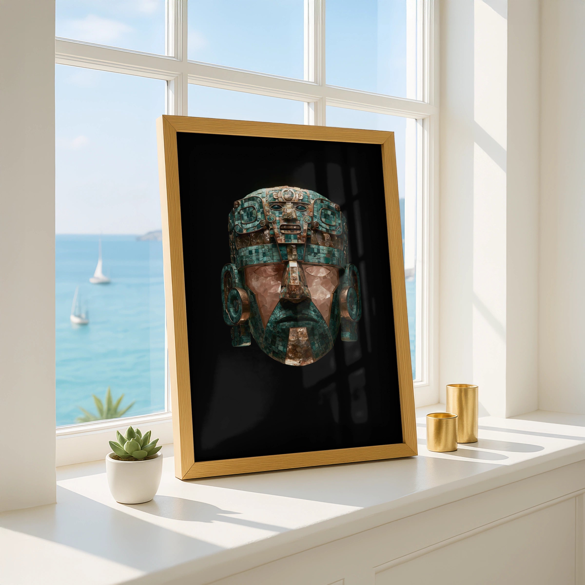 Aztec Ceremonial Mask Poster, Turquoise Green Ancient Art Print
