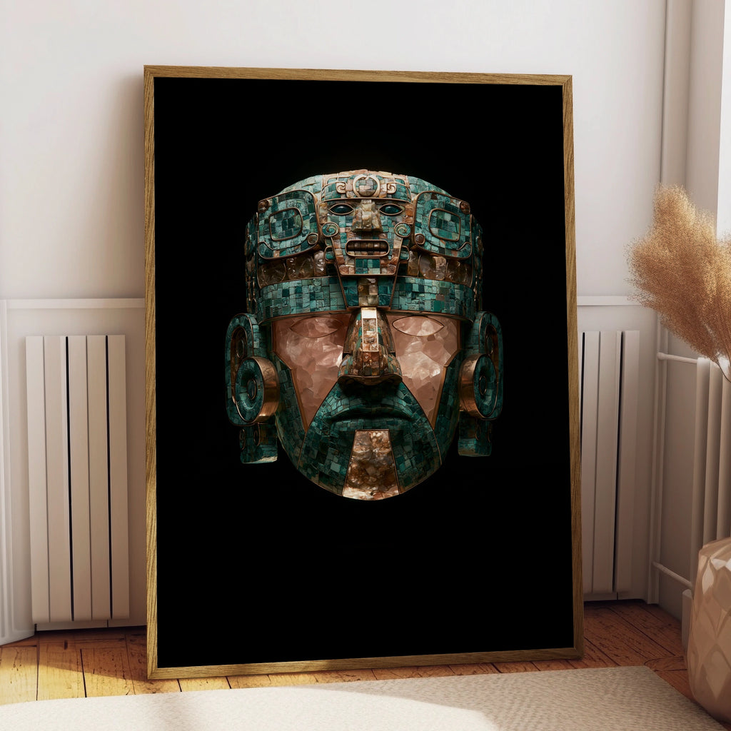 Aztec Ceremonial Mask Poster, Turquoise Green Ancient Art Print
