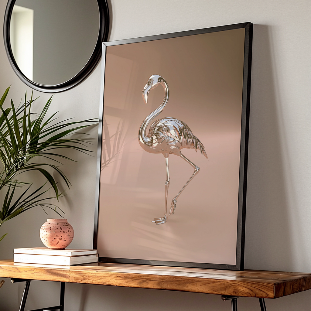 Chrome Flamingo Poster, Metallic Rose Gold Bird Print, Modern Art