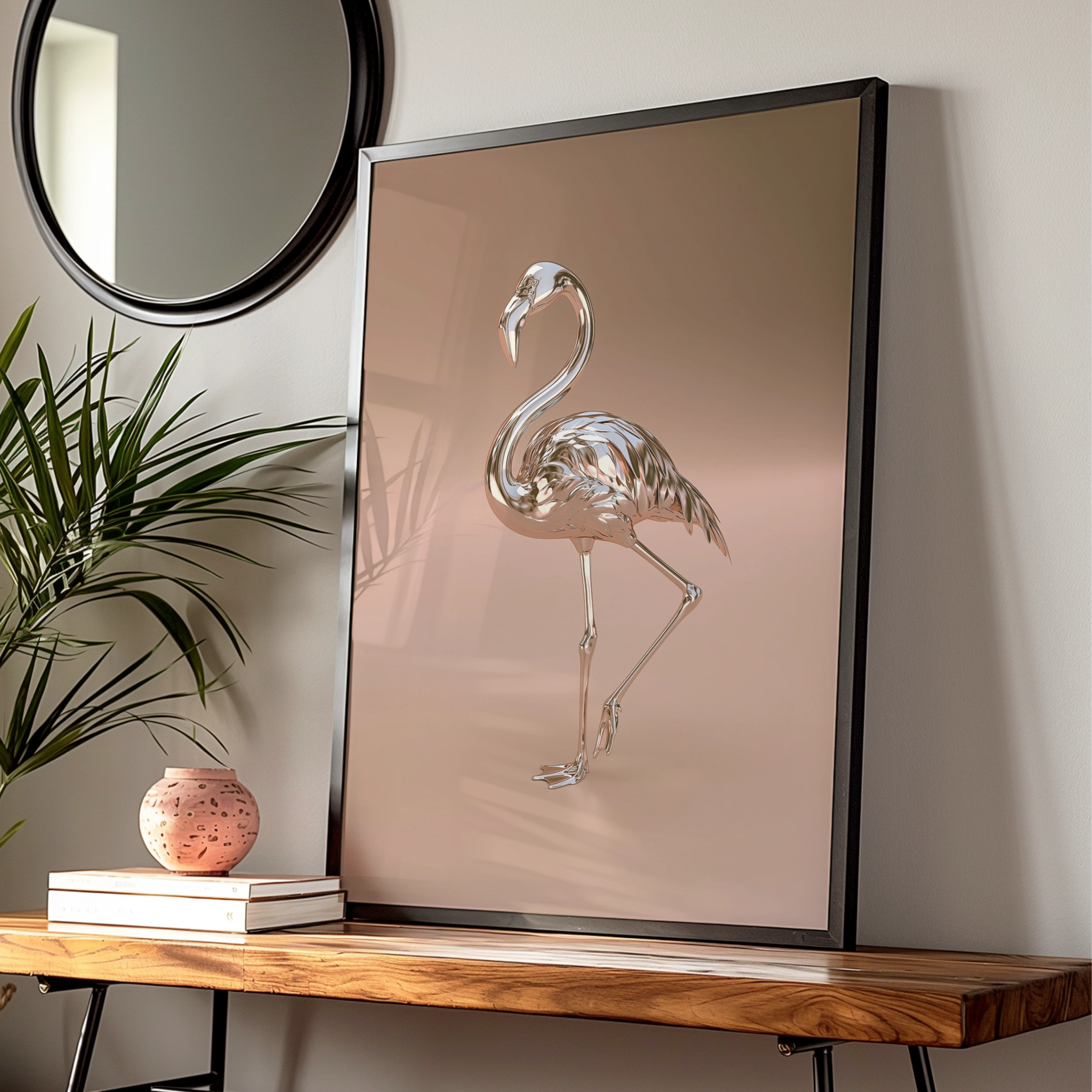 Chrome Flamingo Poster, Metallic Rose Gold Bird Print, Modern Art