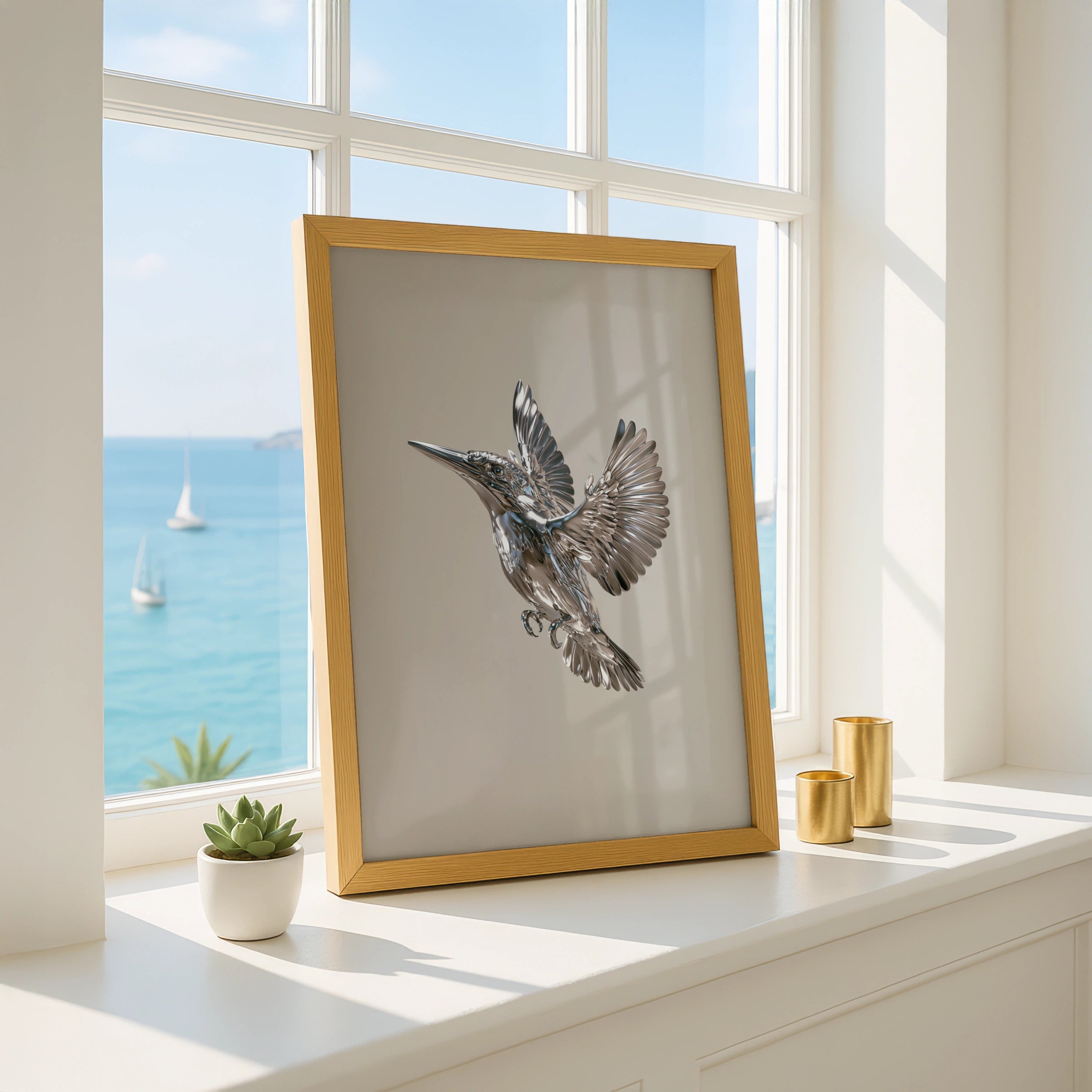 Chrome Kingfisher Bird Poster, Metallic Silver Flying Bird, Modern Wall Art