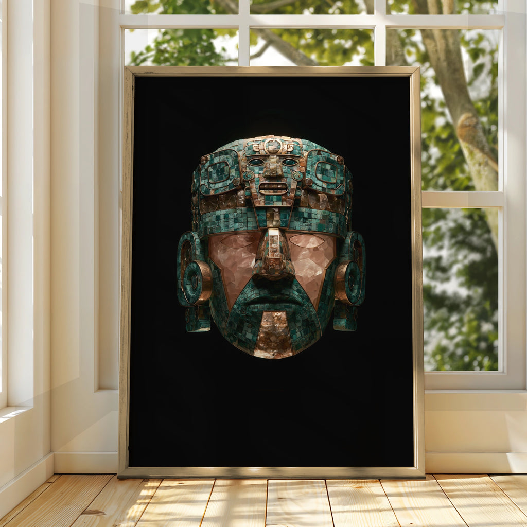 Aztec Ceremonial Mask Poster, Turquoise Green Ancient Art Print