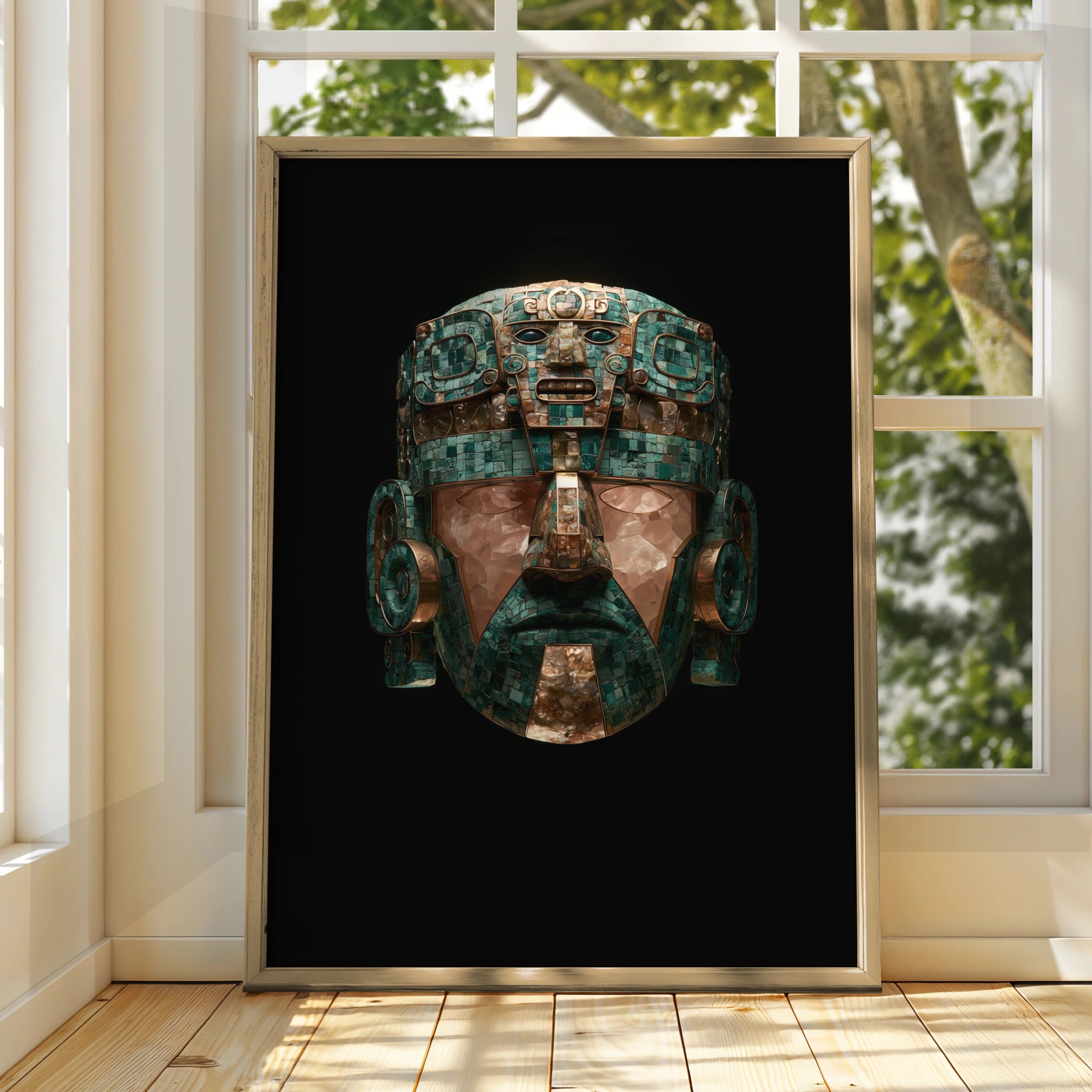 Aztec Ceremonial Mask Poster, Turquoise Green Ancient Art Print