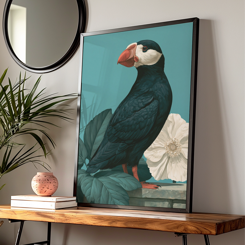 Puffin Wall Art Poster, Botanical Bird Print, Teal Green Illustration
