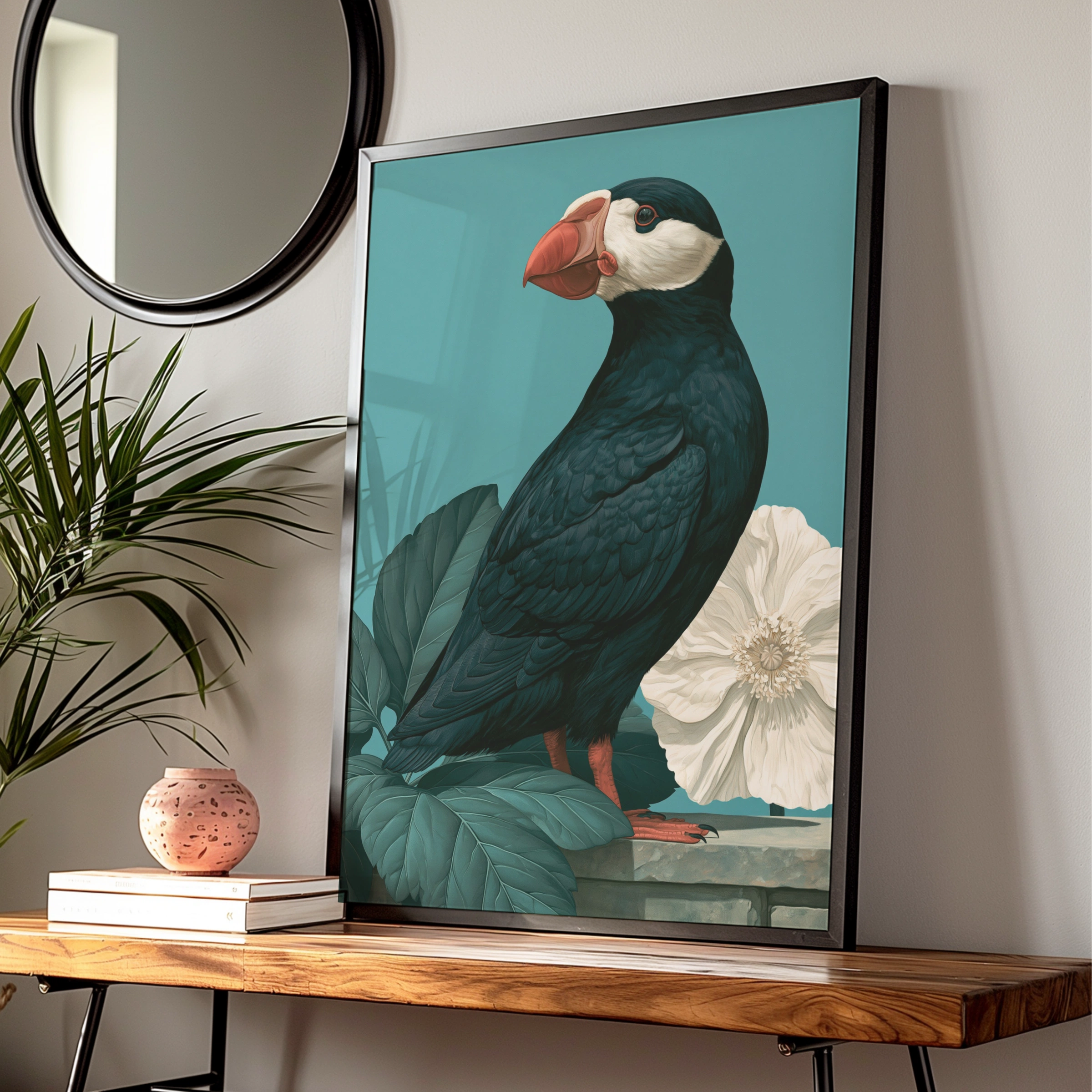 Puffin Wall Art Poster, Botanical Bird Print, Teal Green Illustration