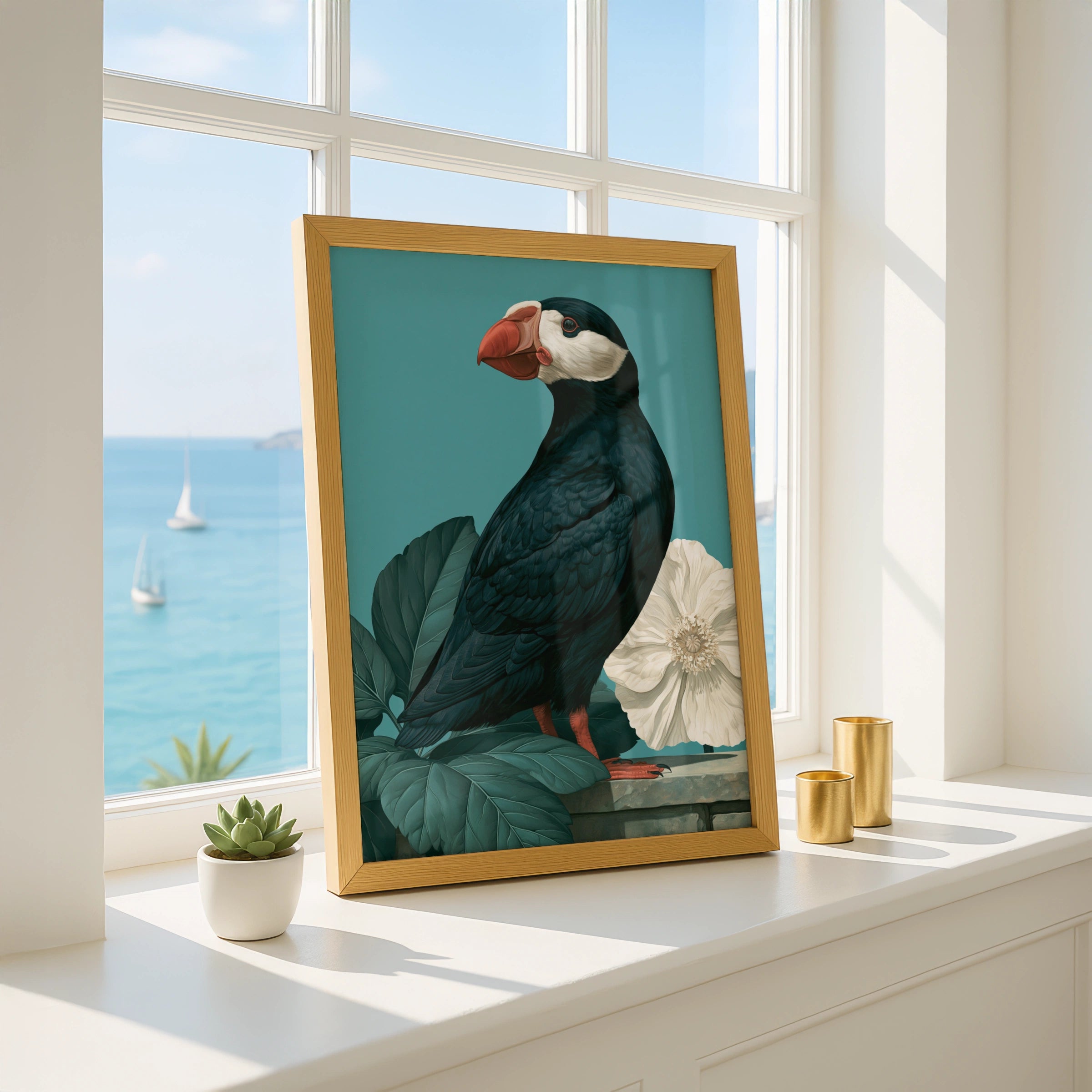Puffin Wall Art Poster, Botanical Bird Print, Teal Green Illustration