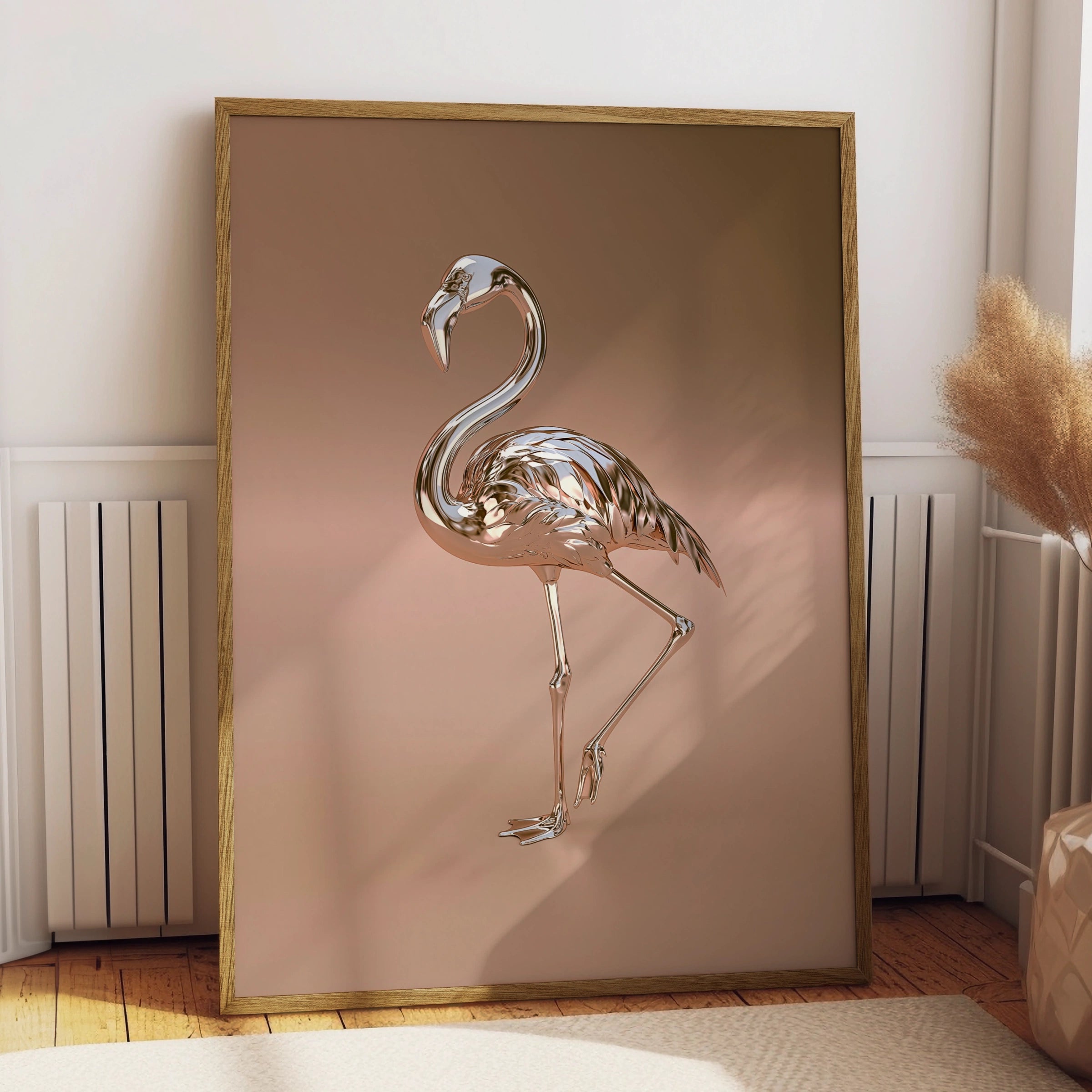 Chrome Flamingo Poster, Metallic Rose Gold Bird Print, Modern Art