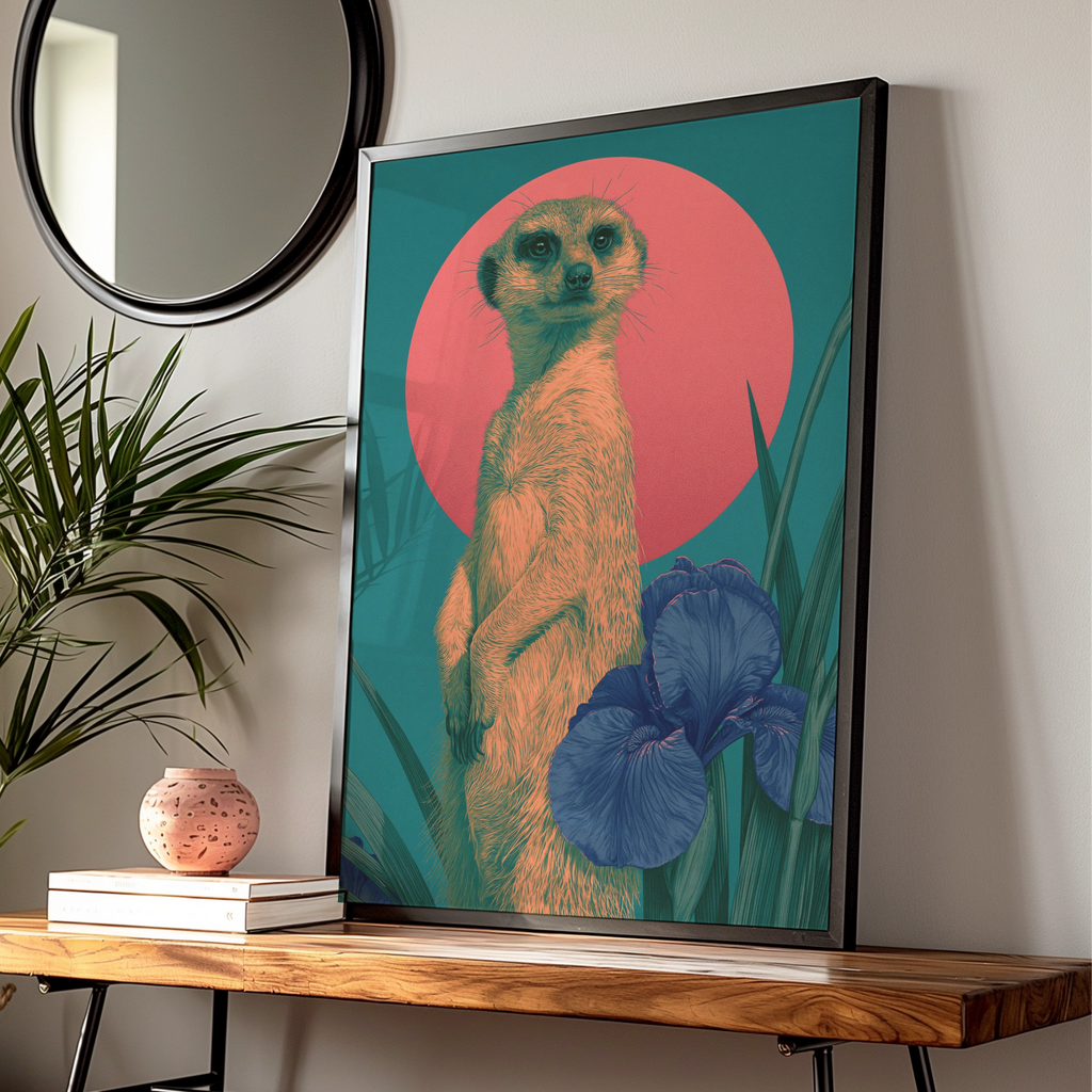Meerkat Red Sun Poster, Bold Teal Wildlife Wall Art, Floral Iris Print