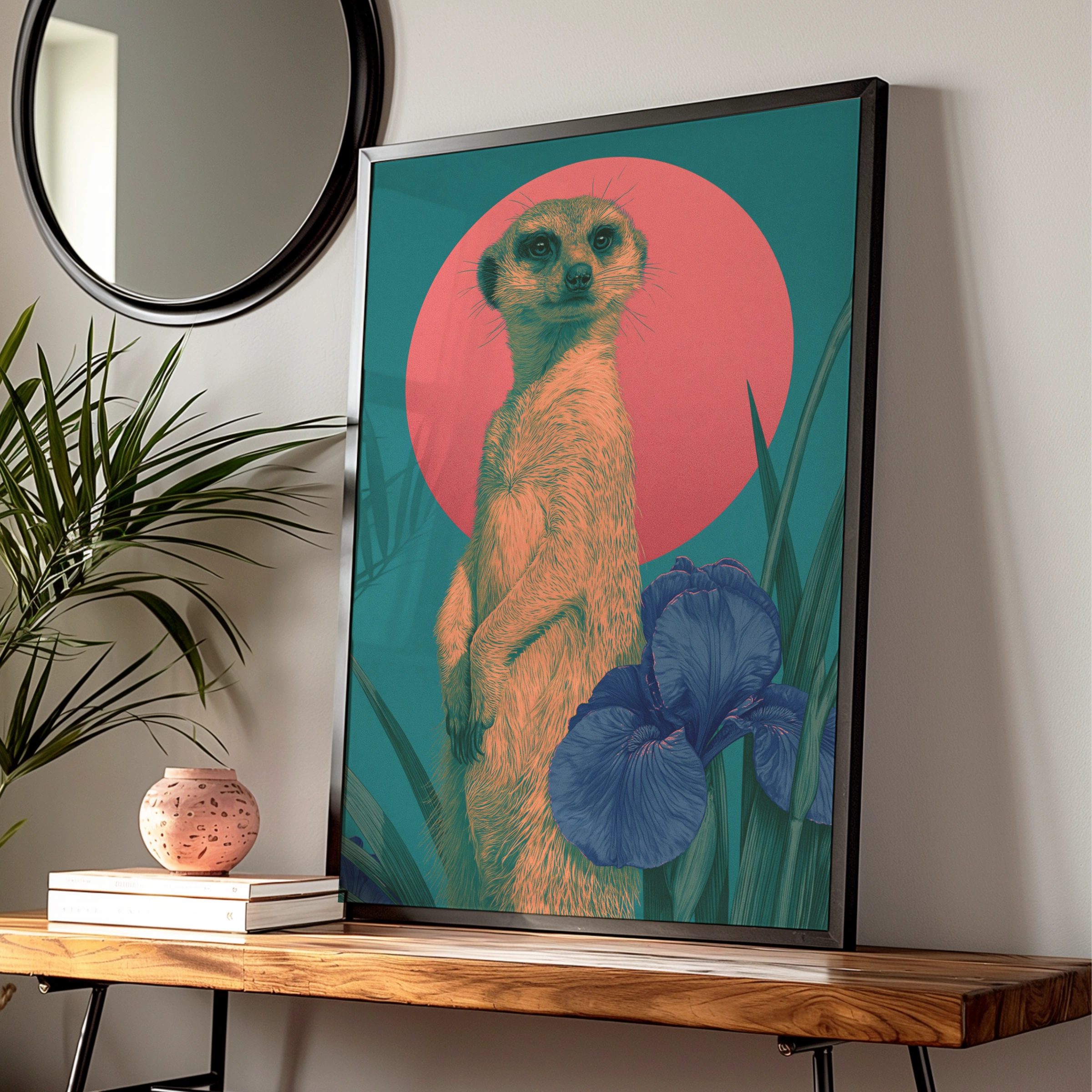 Meerkat Red Sun Poster, Bold Teal Wildlife Wall Art, Floral Iris Print