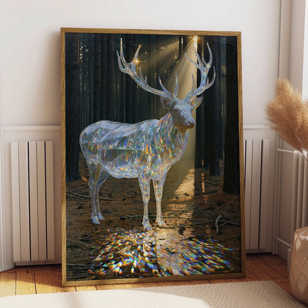 Crystal Stag Forest Poster, Translucent Deer Art Print, Mystical Wildlife Wall Art