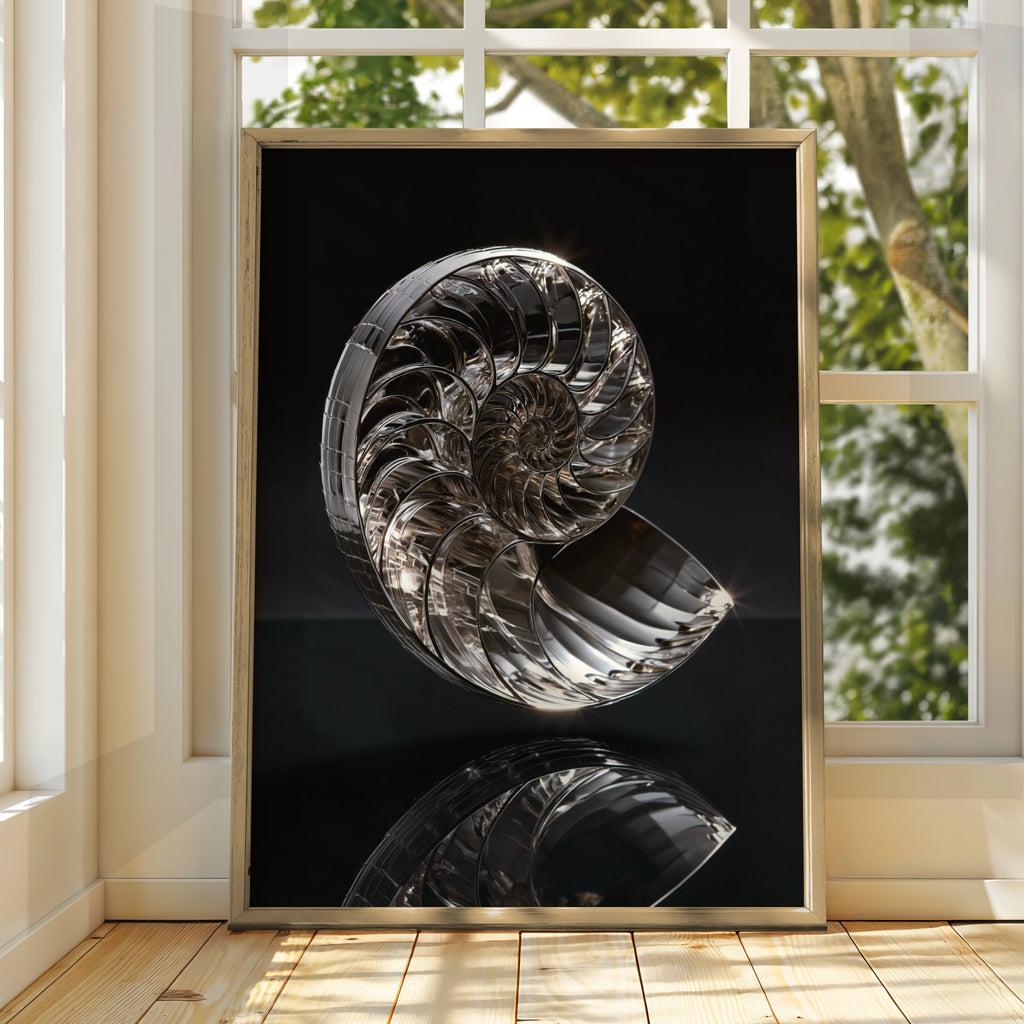 Chrome Nautilus Shell Poster, Silver Spiral Art Print, Modern Minimalist