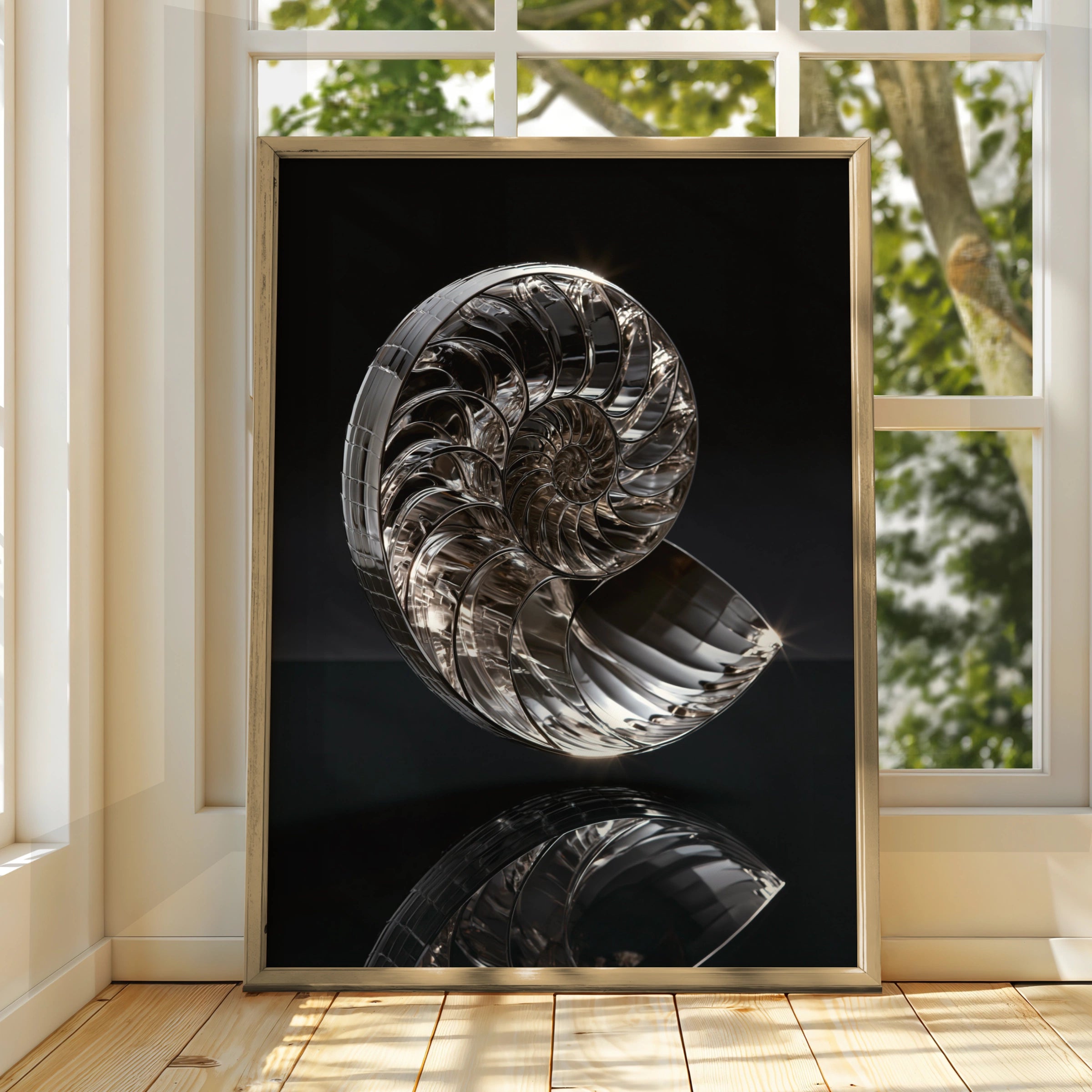 Chrome Nautilus Shell Poster, Silver Spiral Art Print, Modern Minimalist