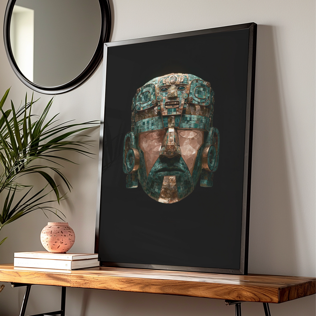 Aztec Ceremonial Mask Poster, Turquoise Green Ancient Art Print