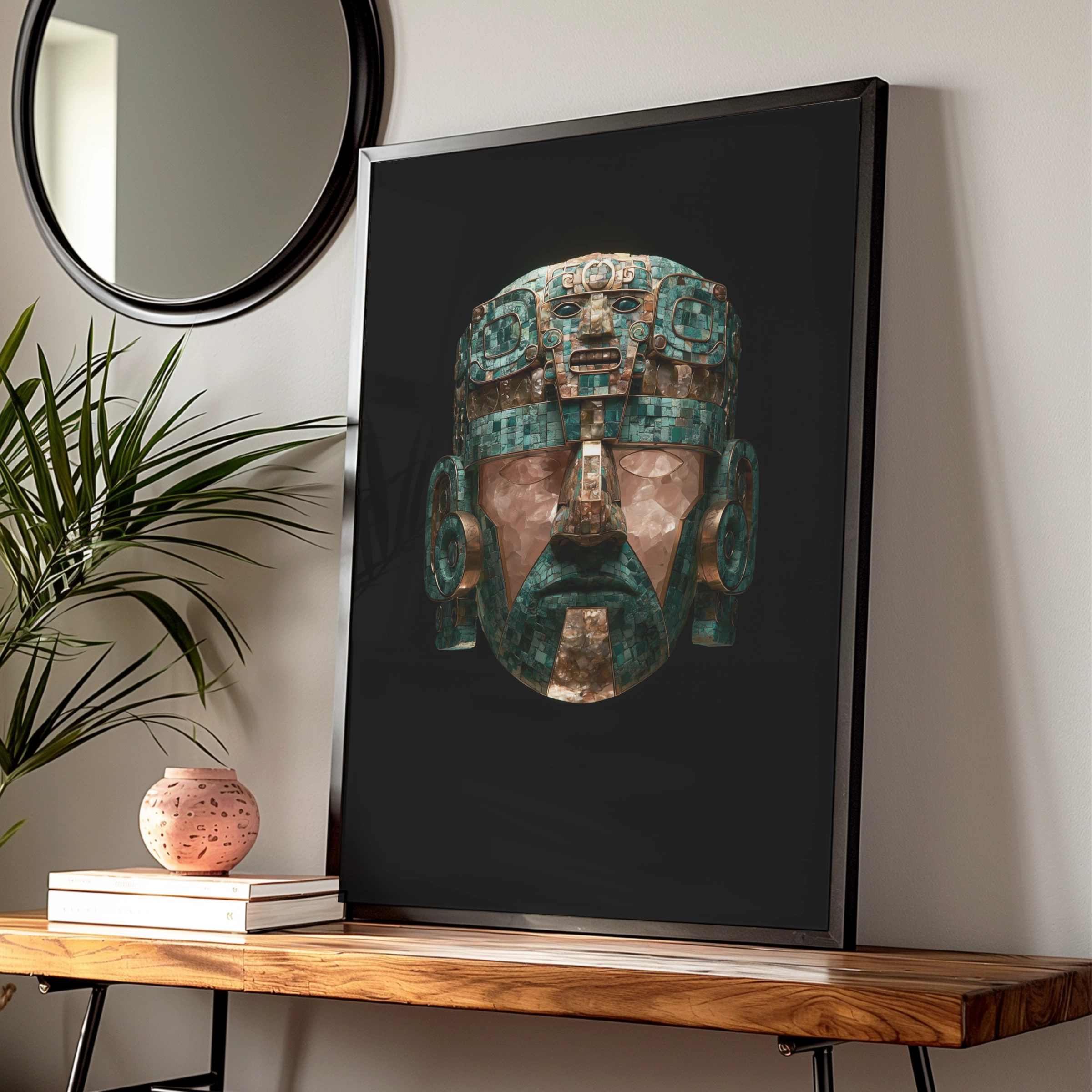 Aztec Ceremonial Mask Poster, Turquoise Green Ancient Art Print