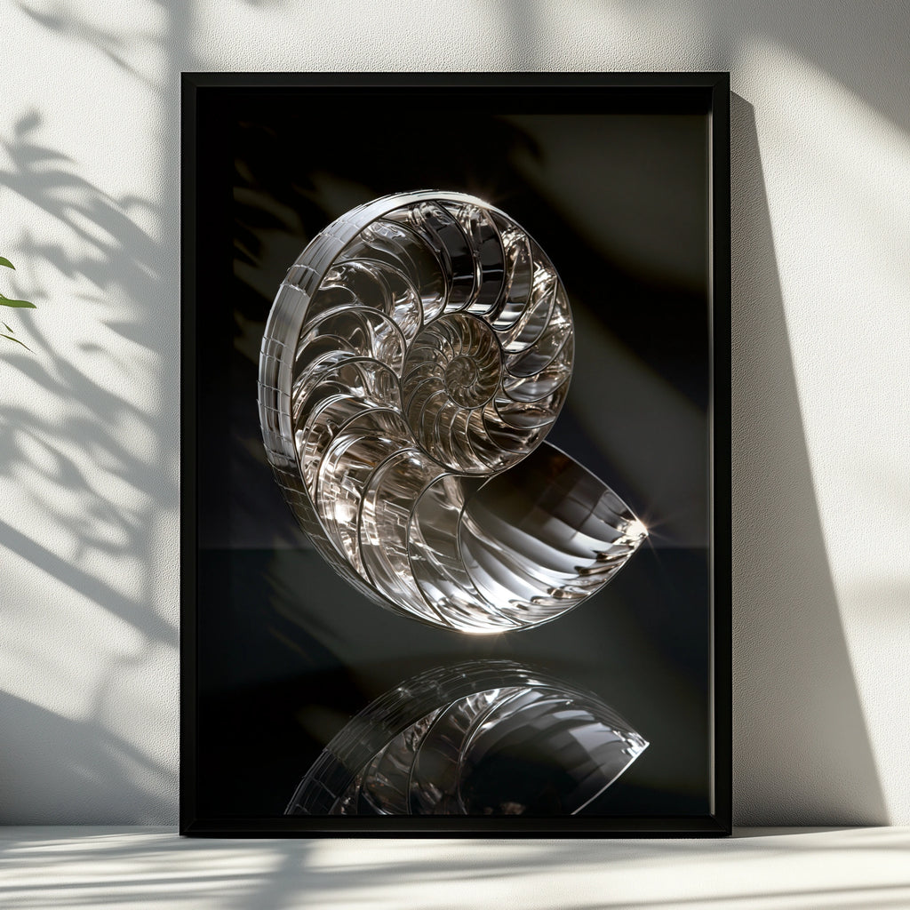Chrome Nautilus Shell Poster, Silver Spiral Art Print, Modern Minimalist