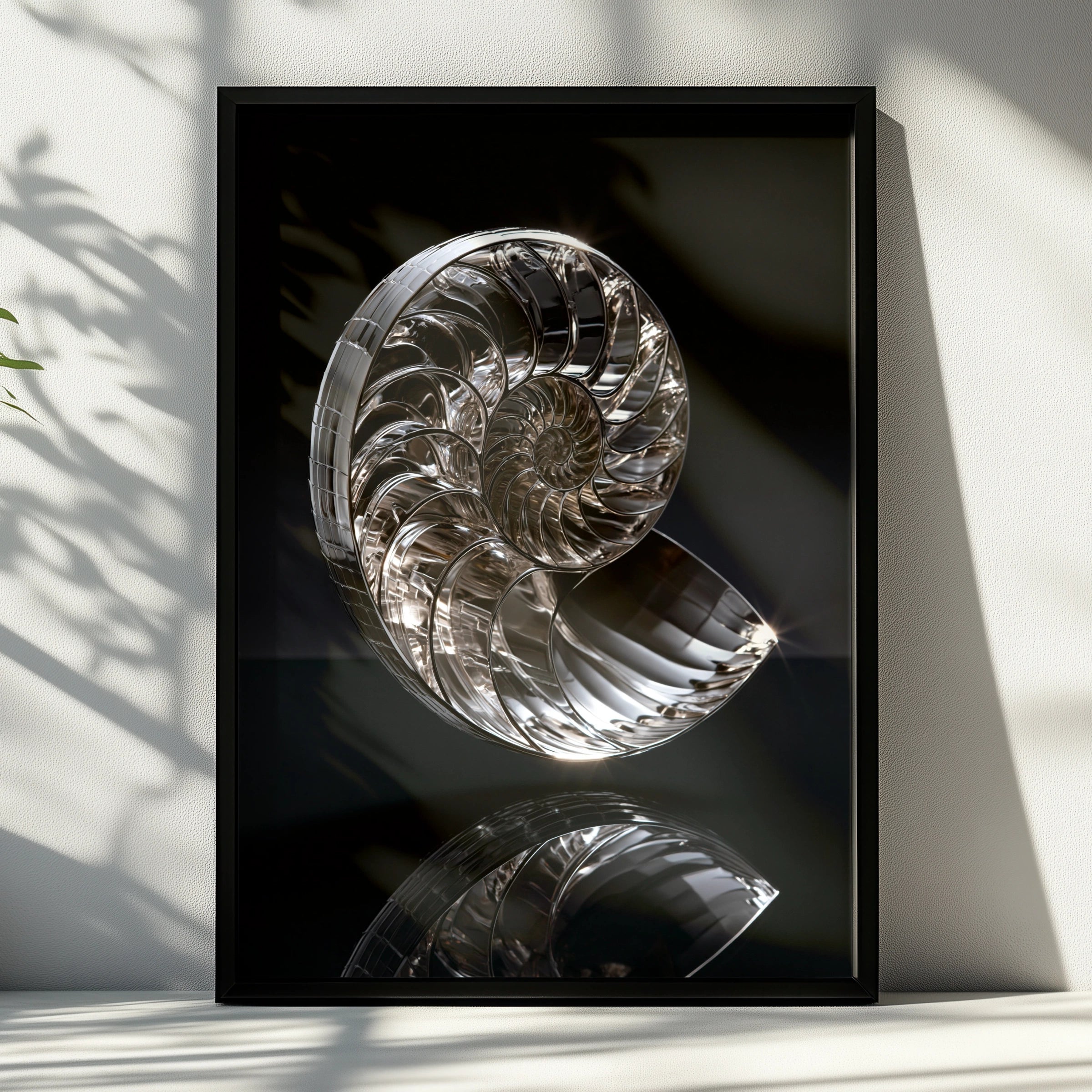 Chrome Nautilus Shell Poster, Silver Spiral Art Print, Modern Minimalist