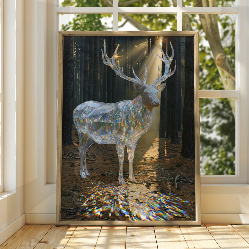 Crystal Stag Forest Poster, Translucent Deer Art Print, Mystical Wildlife Wall Art