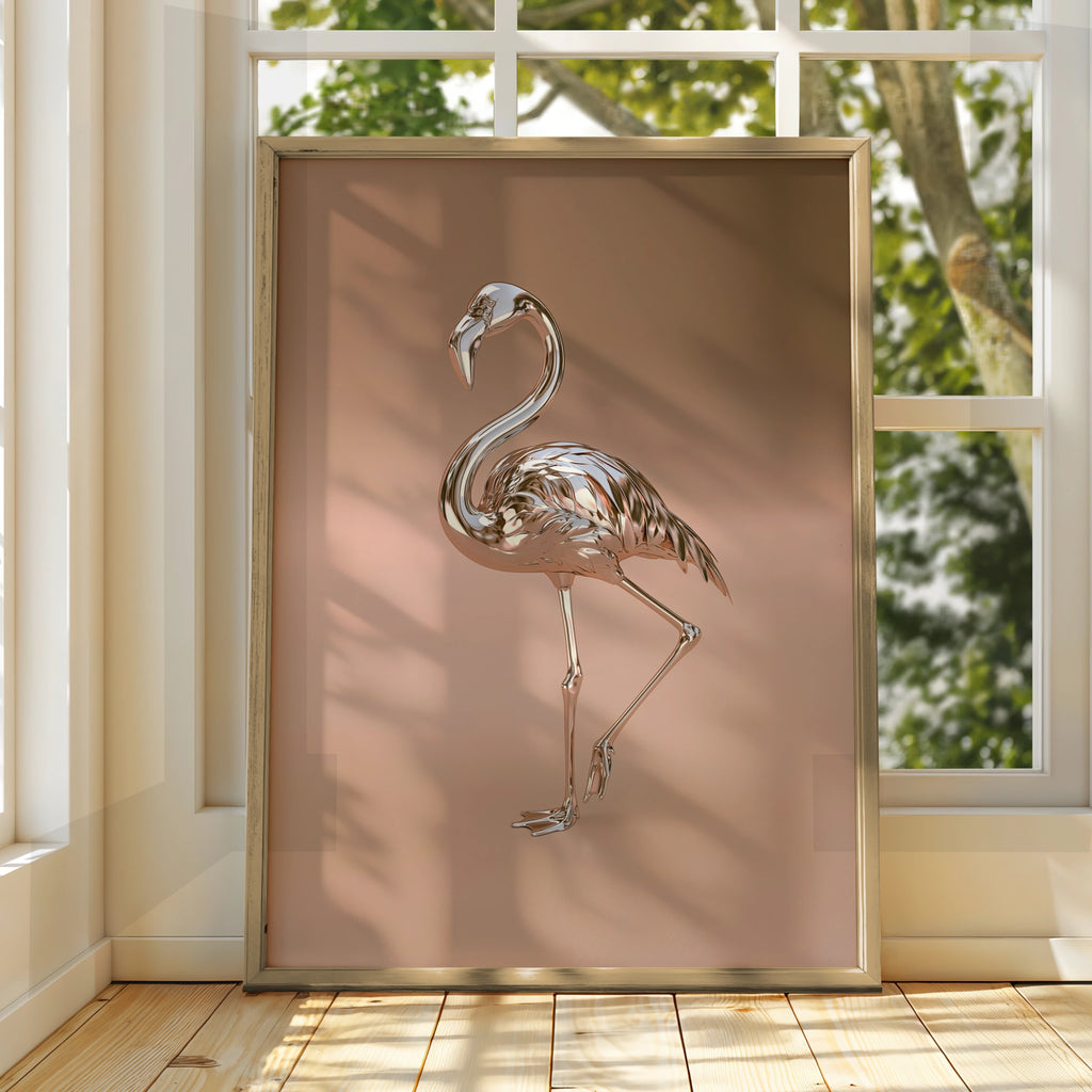 Chrome Flamingo Poster, Metallic Rose Gold Bird Print, Modern Art