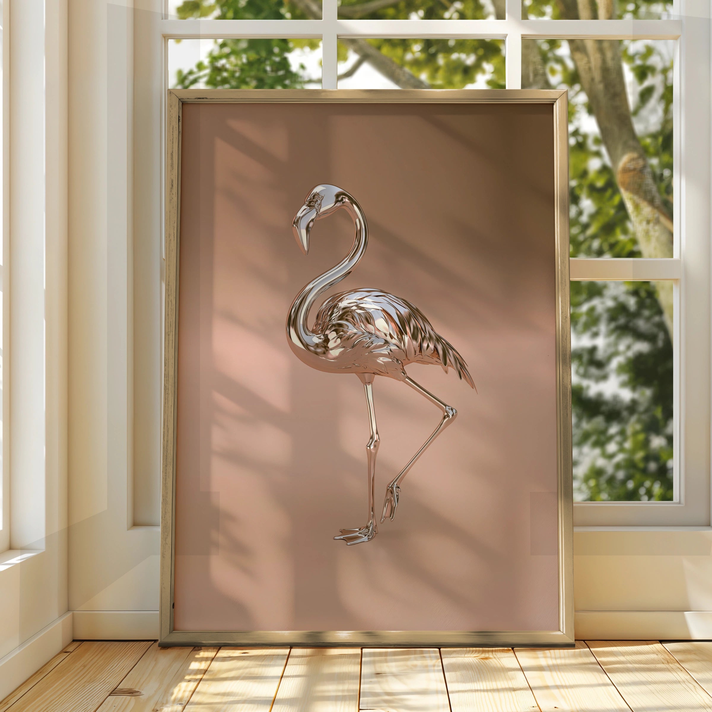 Chrome Flamingo Poster, Metallic Rose Gold Bird Print, Modern Art