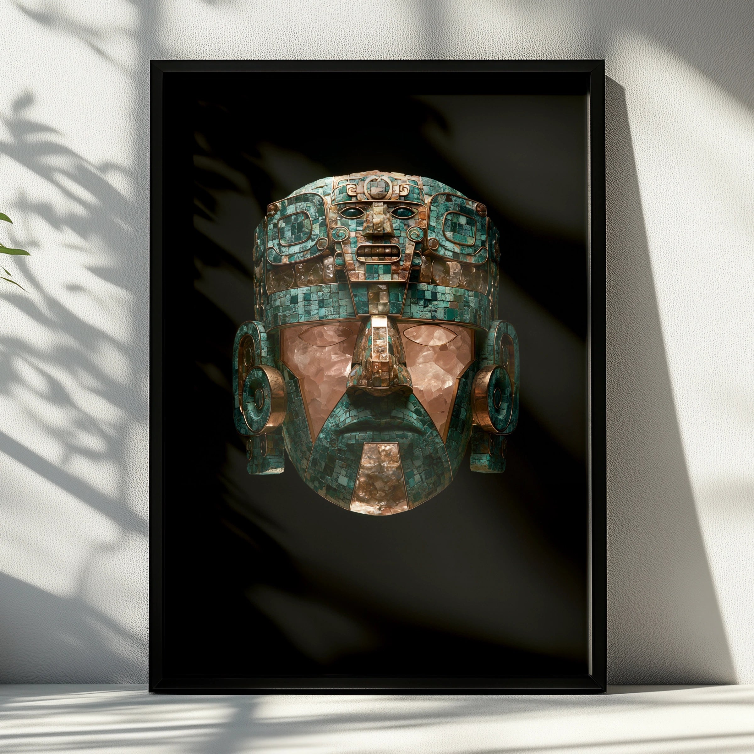 Aztec Ceremonial Mask Poster, Turquoise Green Ancient Art Print