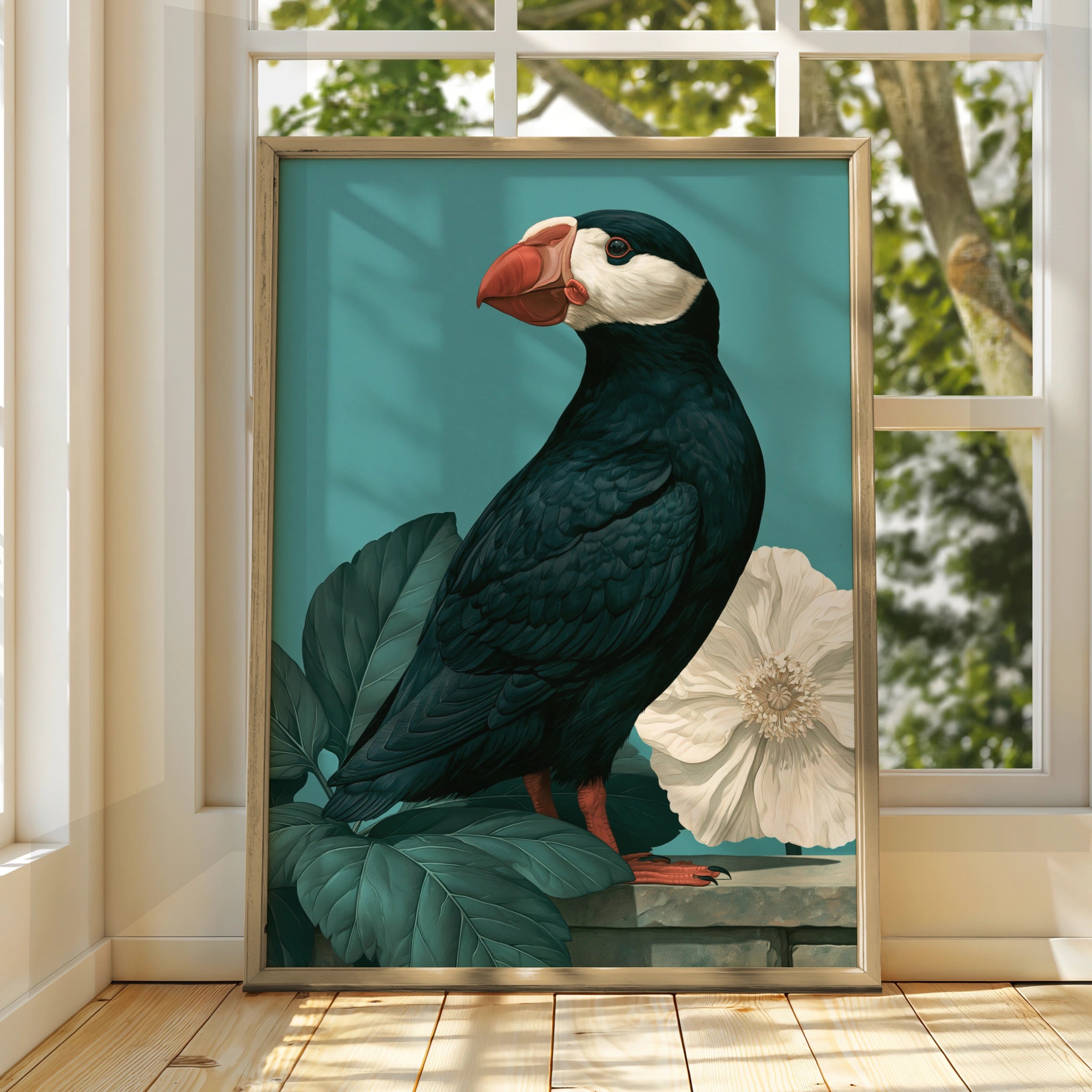 Puffin Wall Art Poster, Botanical Bird Print, Teal Green Illustration