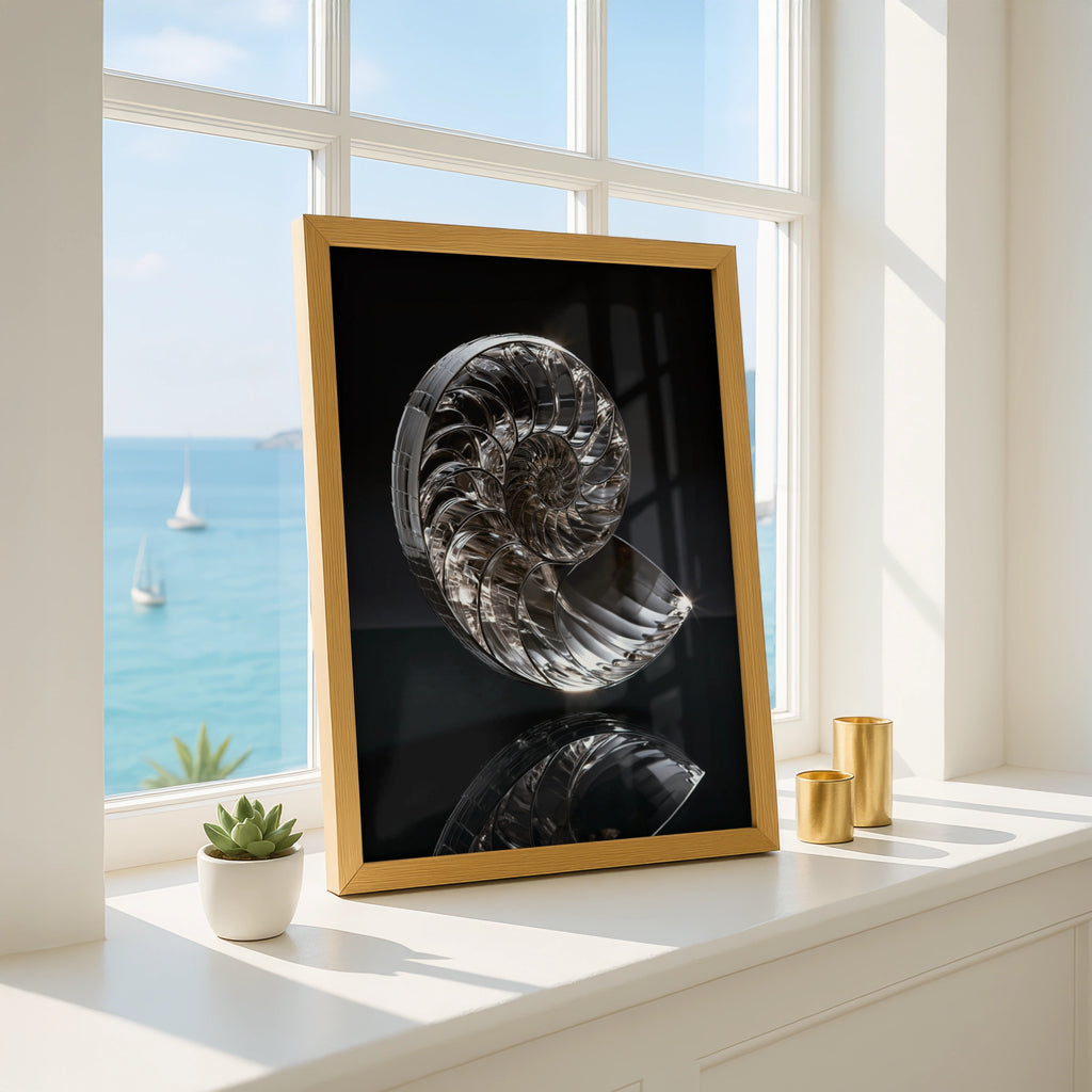 Chrome Nautilus Shell Poster, Silver Spiral Art Print, Modern Minimalist