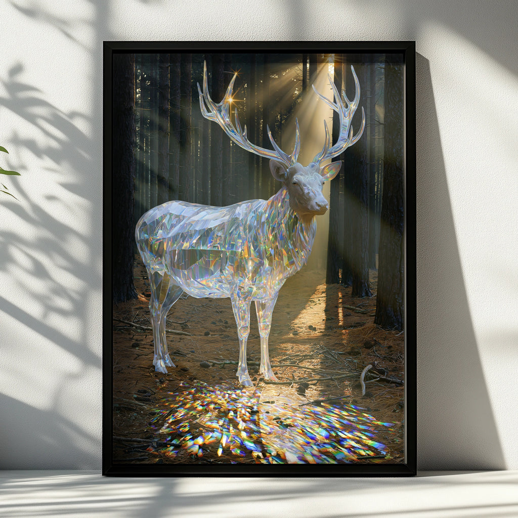 Crystal Stag Forest Poster, Translucent Deer Art Print, Mystical Wildlife Wall Art