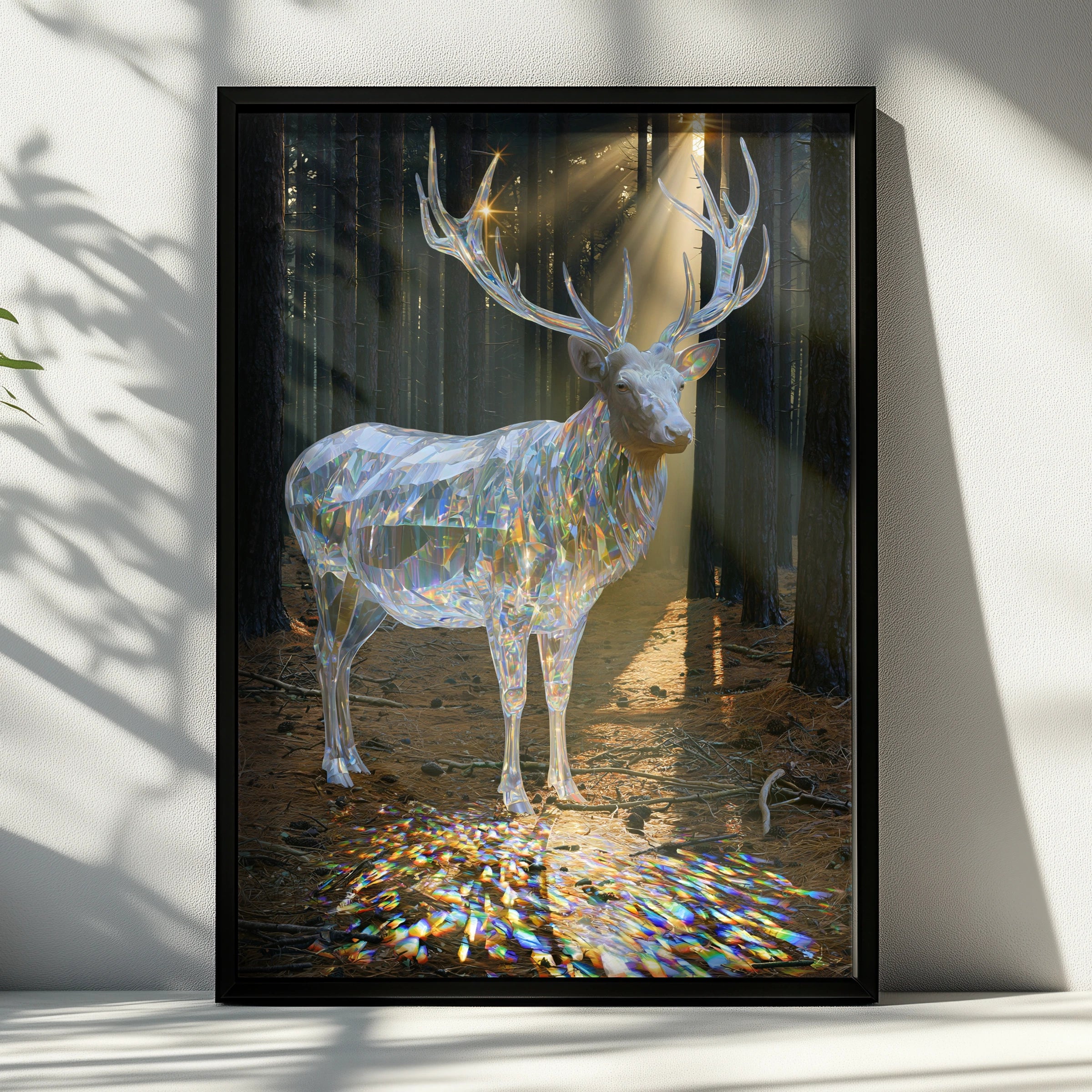 Crystal Stag Forest Poster, Translucent Deer Art Print, Mystical Wildlife Wall Art