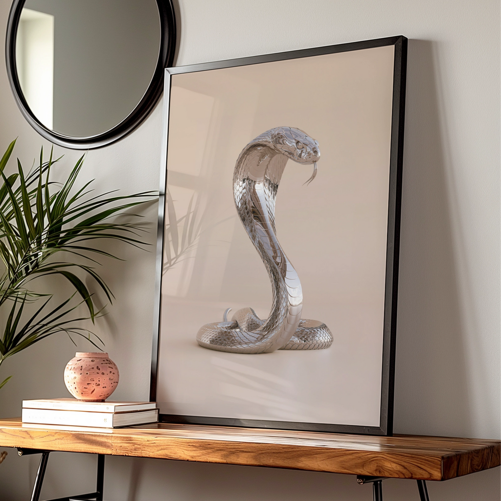 Chrome Cobra Snake Poster, Silver Metallic Wall Art, Modern Animal Print