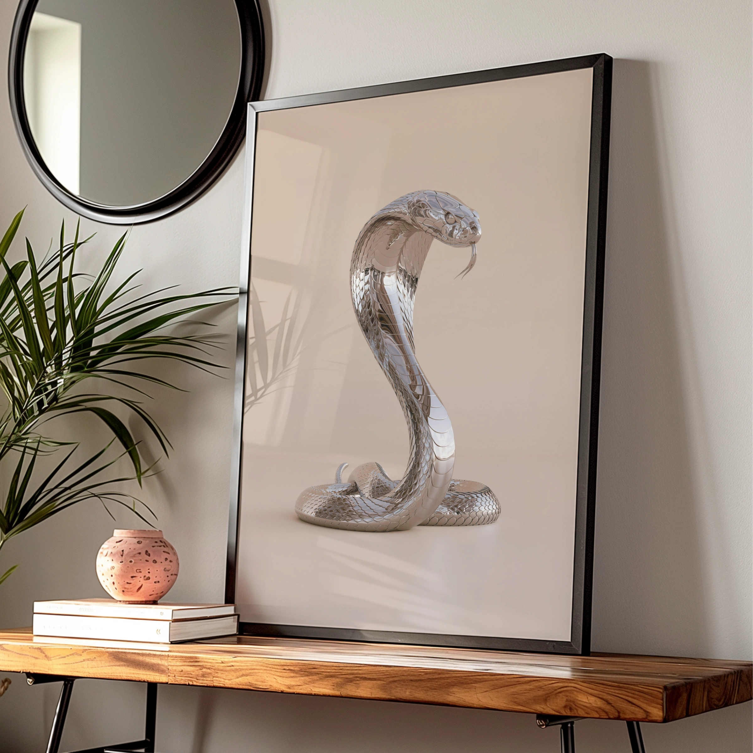 Chrome Cobra Snake Poster, Silver Metallic Wall Art, Modern Animal Print