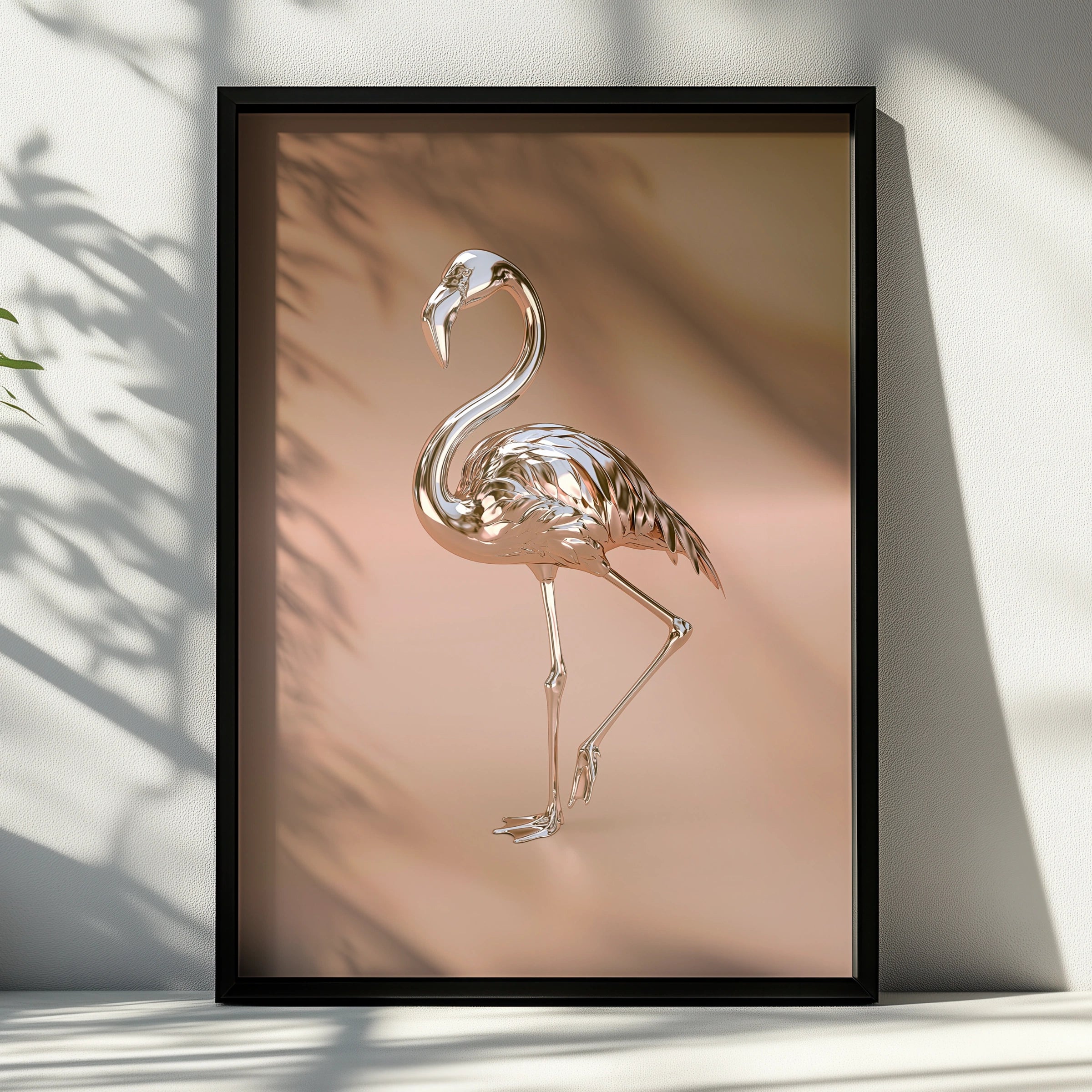 Chrome Flamingo Poster, Metallic Rose Gold Bird Print, Modern Art