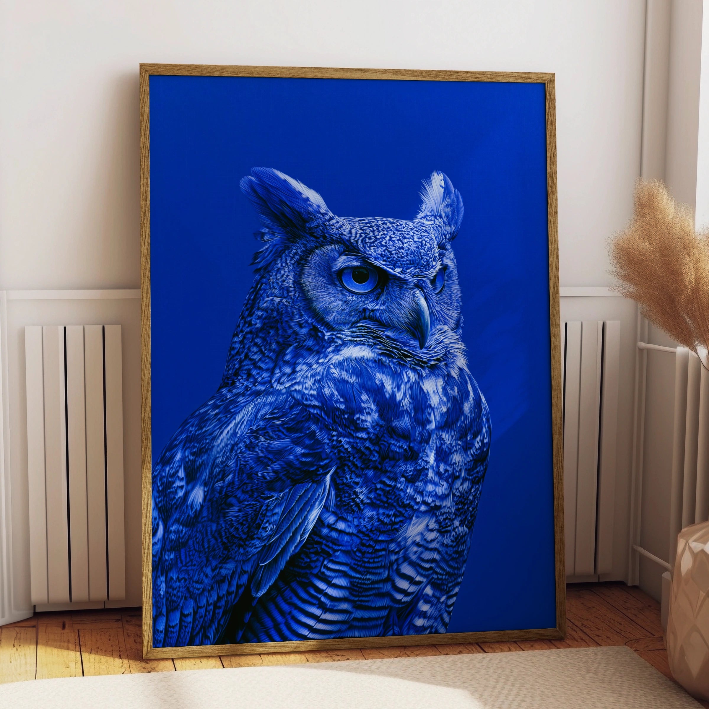 Blue Owl Portrait Poster, Bold Cobalt Wildlife Wall Art Print