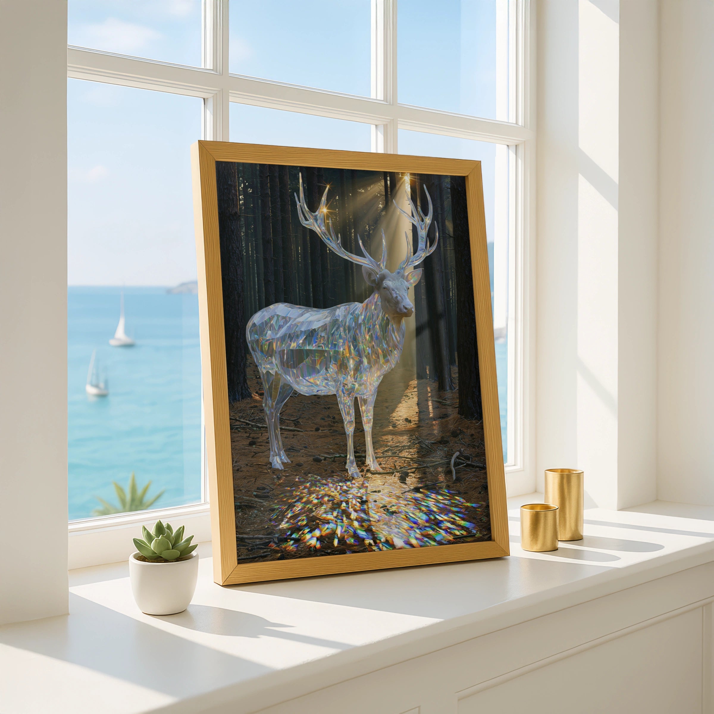 Crystal Stag Forest Poster, Translucent Deer Art Print, Mystical Wildlife Wall Art