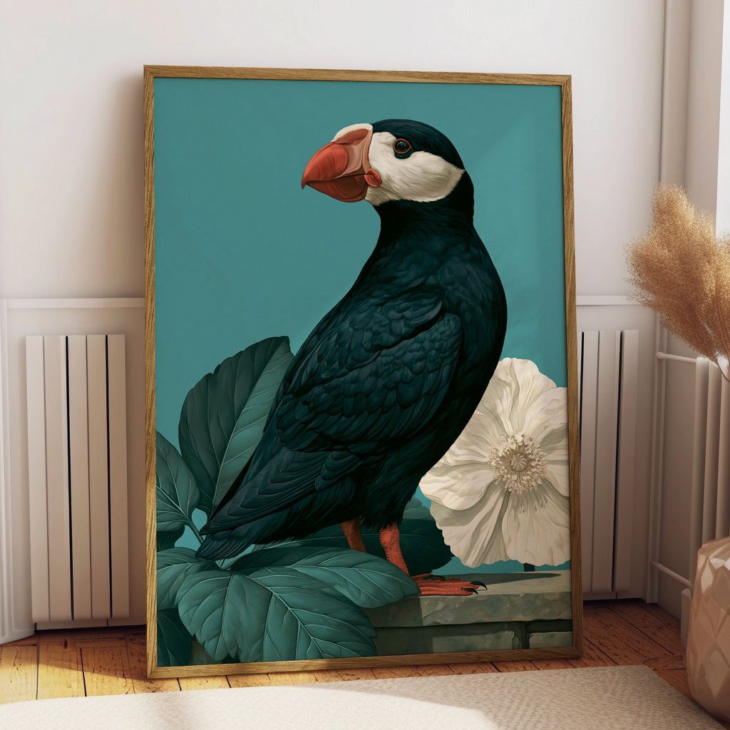 Puffin Wall Art Poster, Botanical Bird Print, Teal Green Illustration