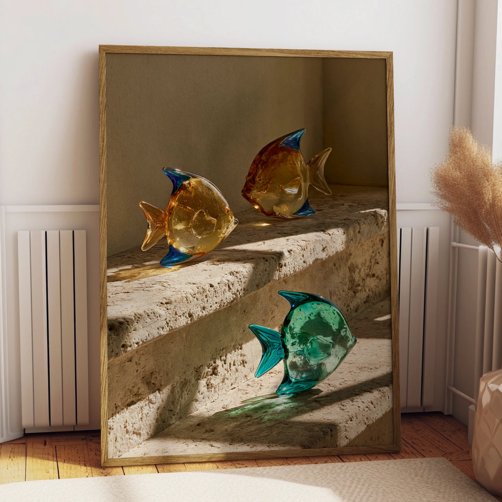 Glass Fish Travertine Steps Poster, Colourful Sculpture Art Print