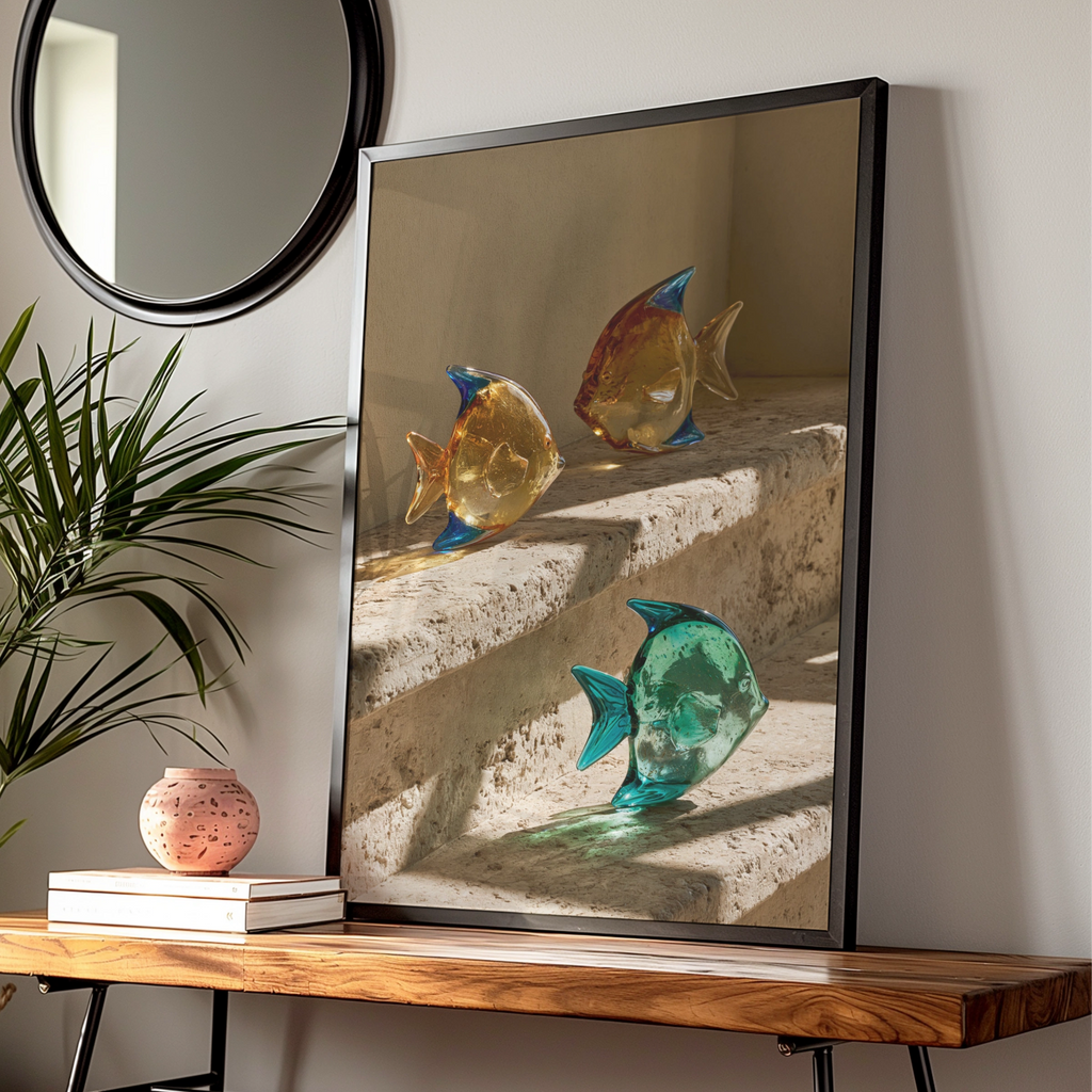 Glass Fish Travertine Steps Poster, Colourful Sculpture Art Print