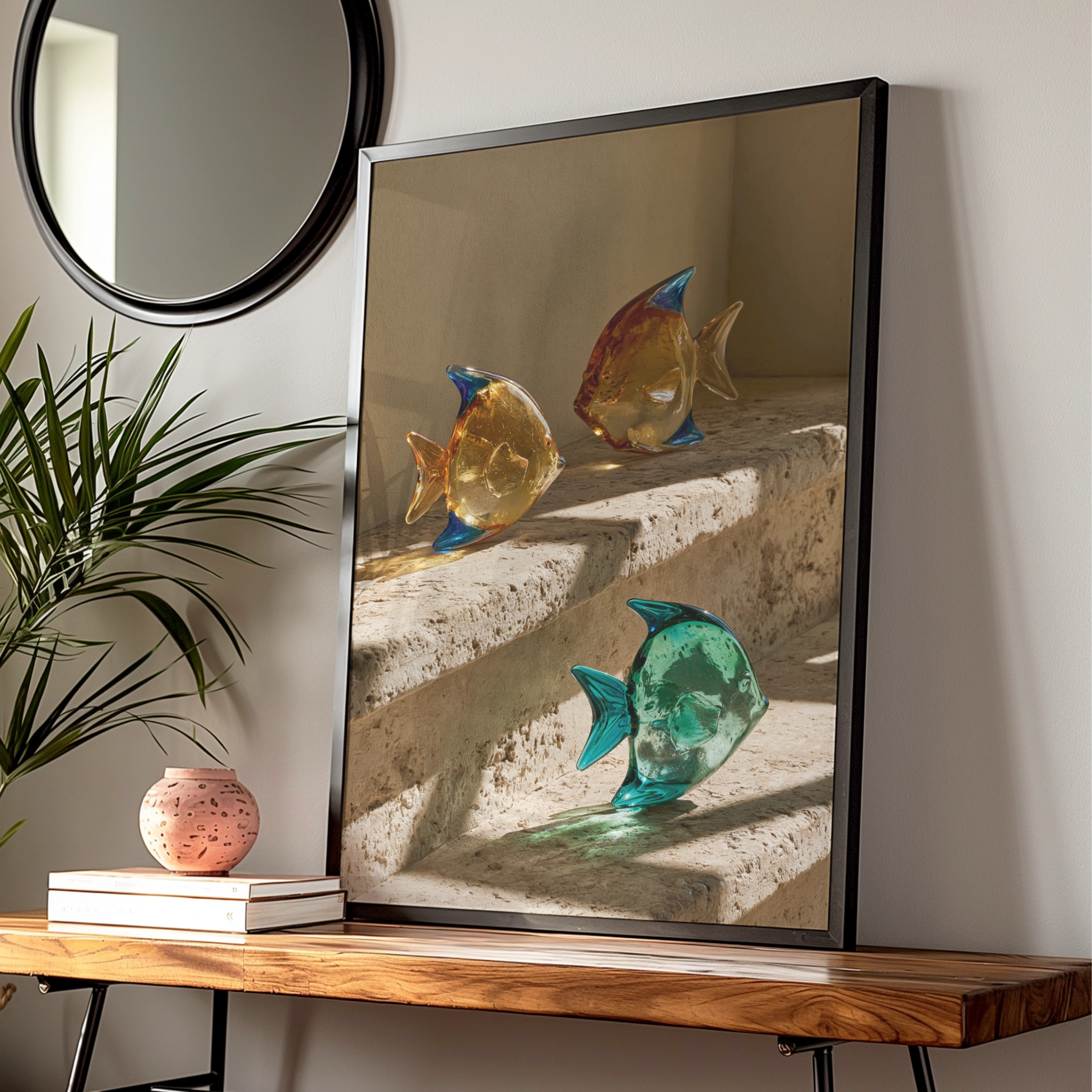 Glass Fish Travertine Steps Poster, Colourful Sculpture Art Print