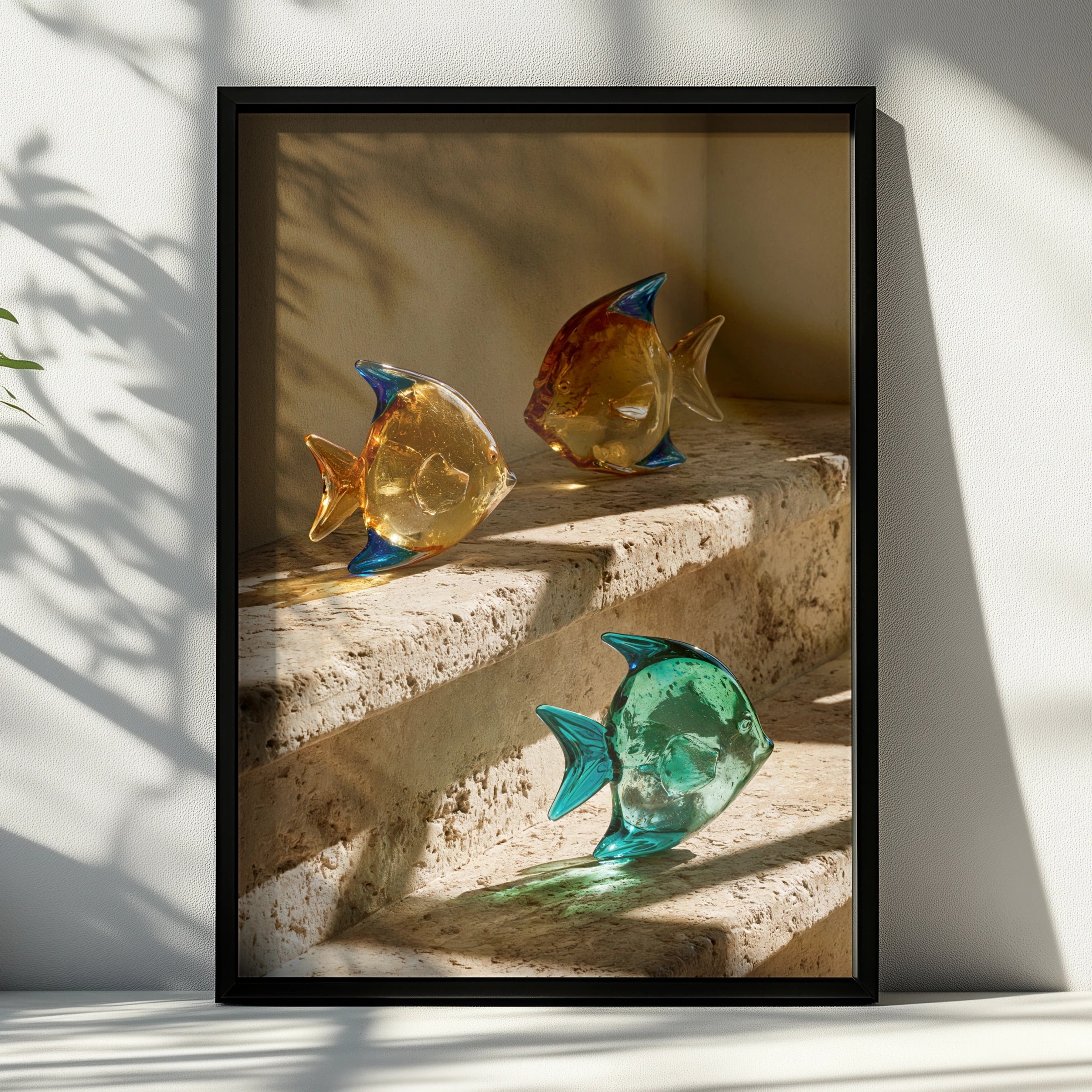 Glass Fish Travertine Steps Poster, Colourful Sculpture Art Print