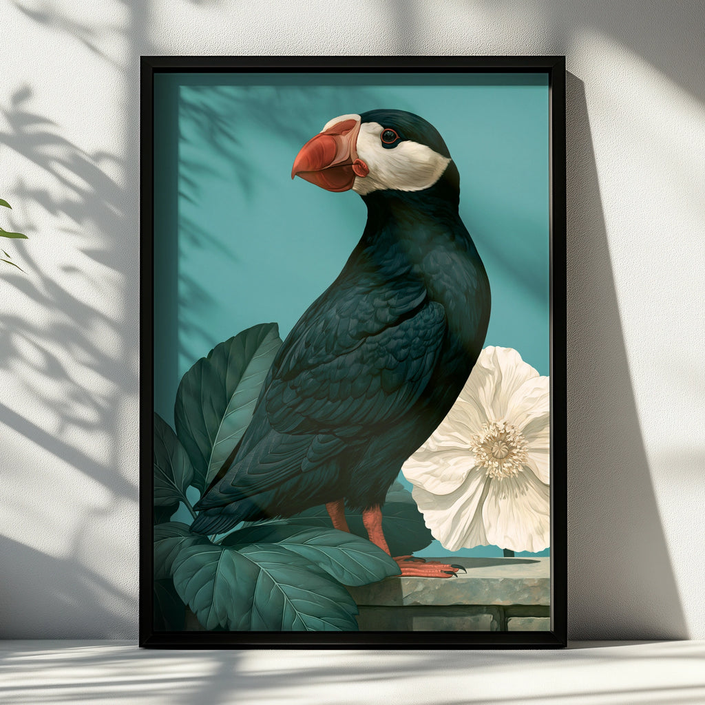 Puffin Wall Art Poster, Botanical Bird Print, Teal Green Illustration