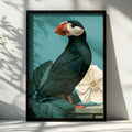 Puffin Wall Art Poster, Botanical Bird Print, Teal Green Illustration